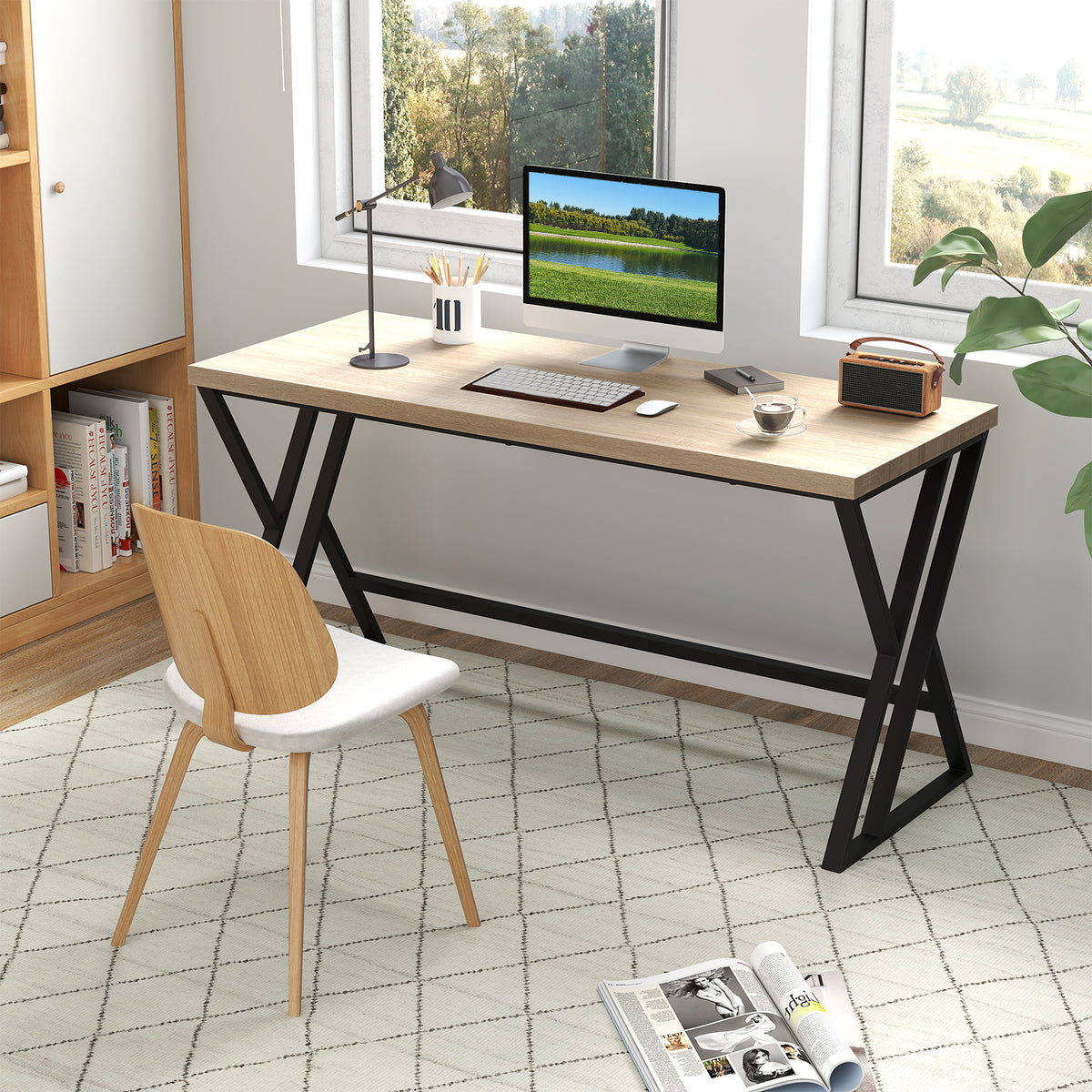 59 Inch Computer Desk with Heavy-duty Metal Frame and Crossbar-Gray-Computer Desks-DECOROLALA