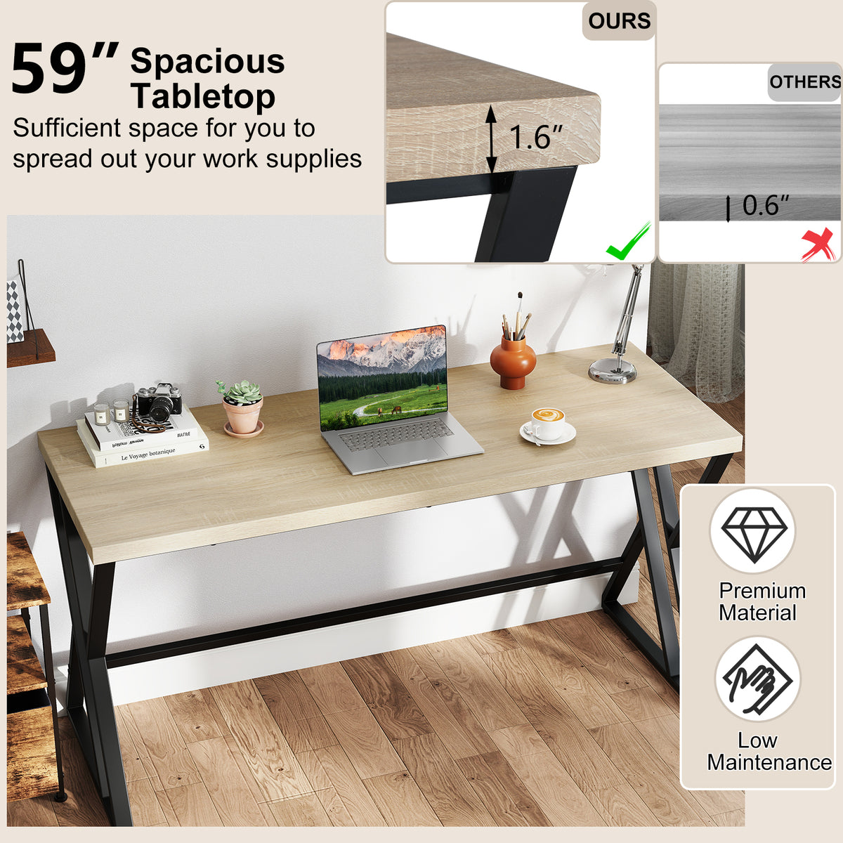 59 Inch Computer Desk with Heavy-duty Metal Frame and Crossbar-Gray-Computer Desks-DECOROLALA