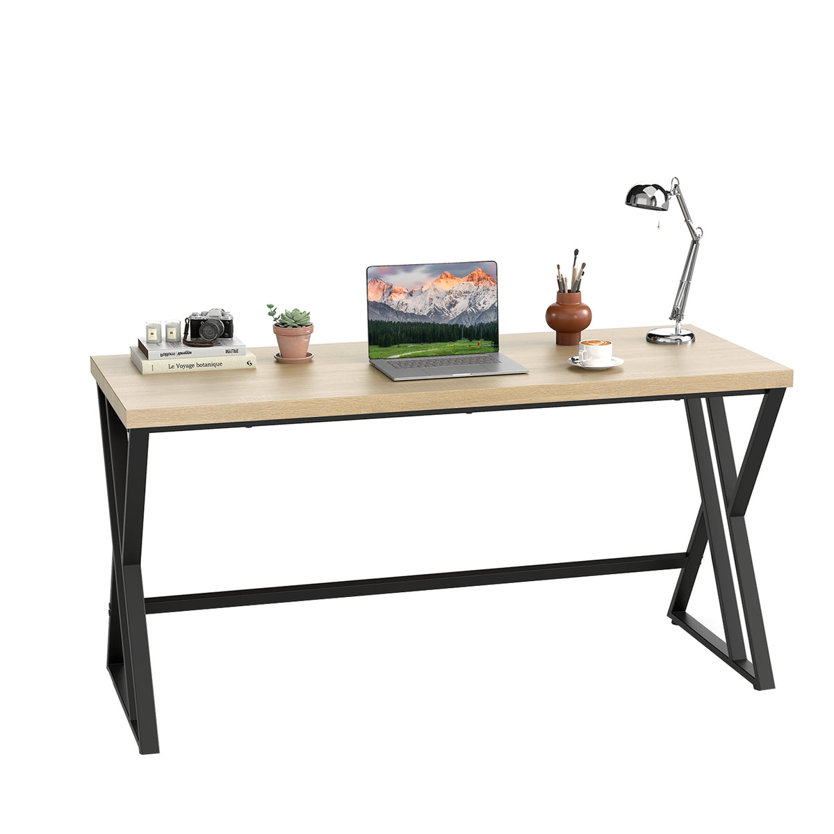 59 Inch Computer Desk with Heavy-duty Metal Frame and Crossbar-Gray-Computer Desks-DECOROLALA