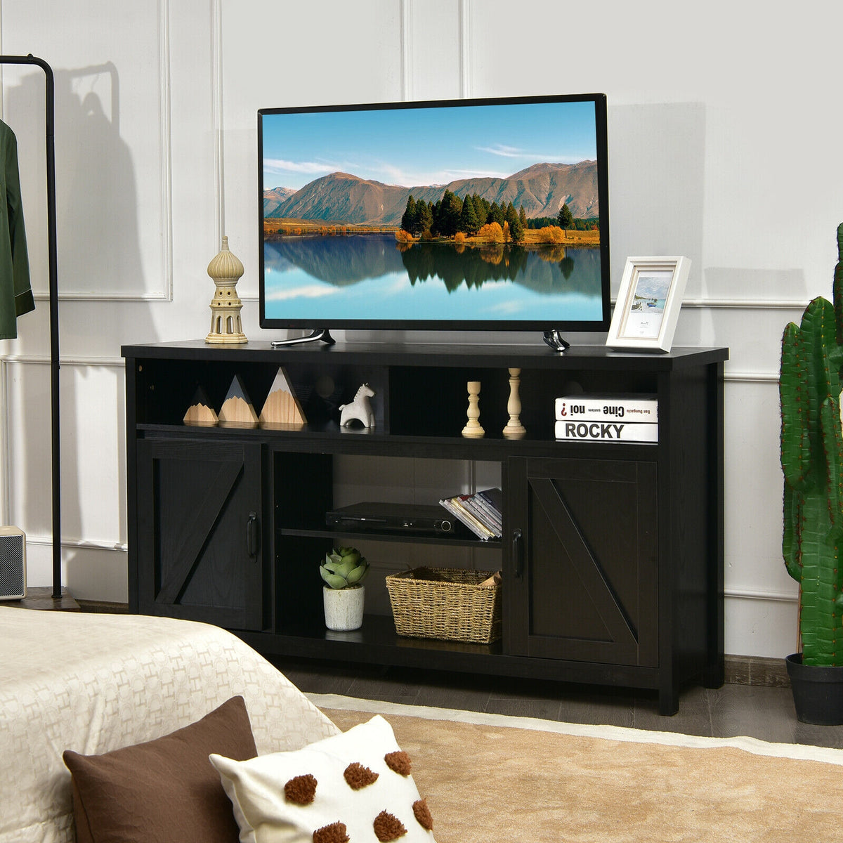 59 Inch TV Stand Media Center Console Cabinet with Barn Door for TV's 65 Inch-Black-Entertainment Centers & TV Stands-DECOROLALA
