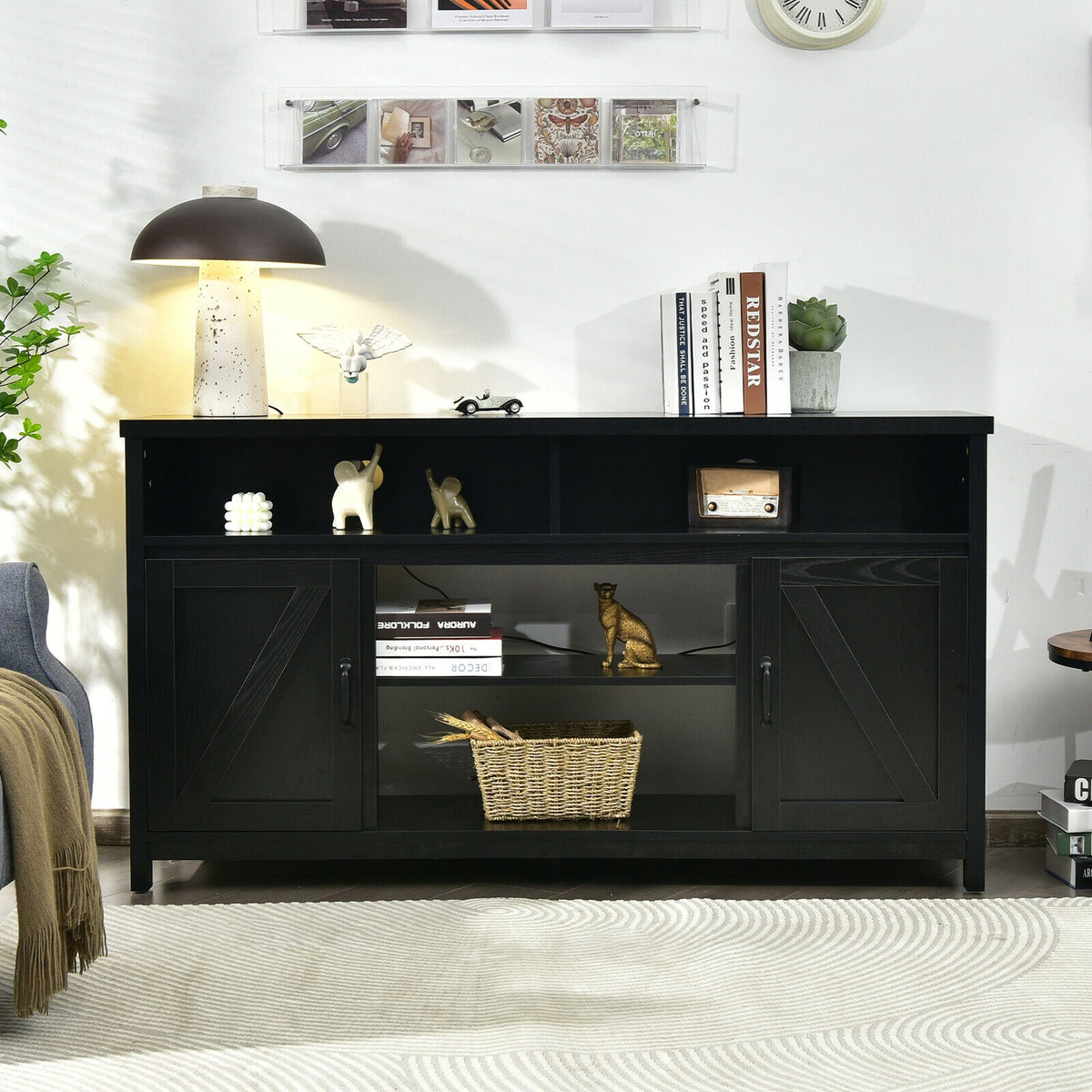 59 Inch TV Stand Media Center Console Cabinet with Barn Door for TV's 65 Inch-Black-Entertainment Centers & TV Stands-DECOROLALA