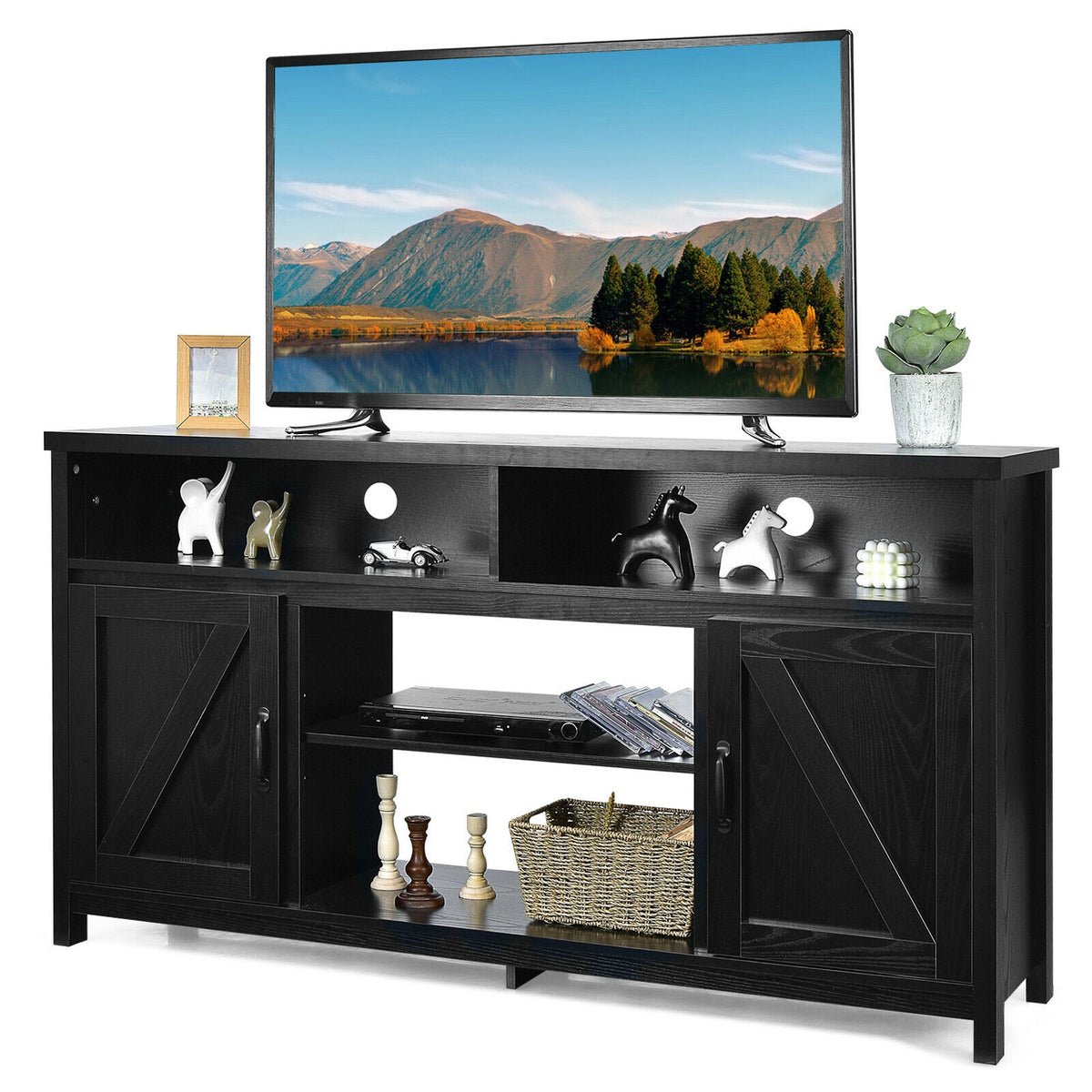 59 Inch TV Stand Media Center Console Cabinet with Barn Door for TV's 65 Inch-Black-Entertainment Centers & TV Stands-DECOROLALA