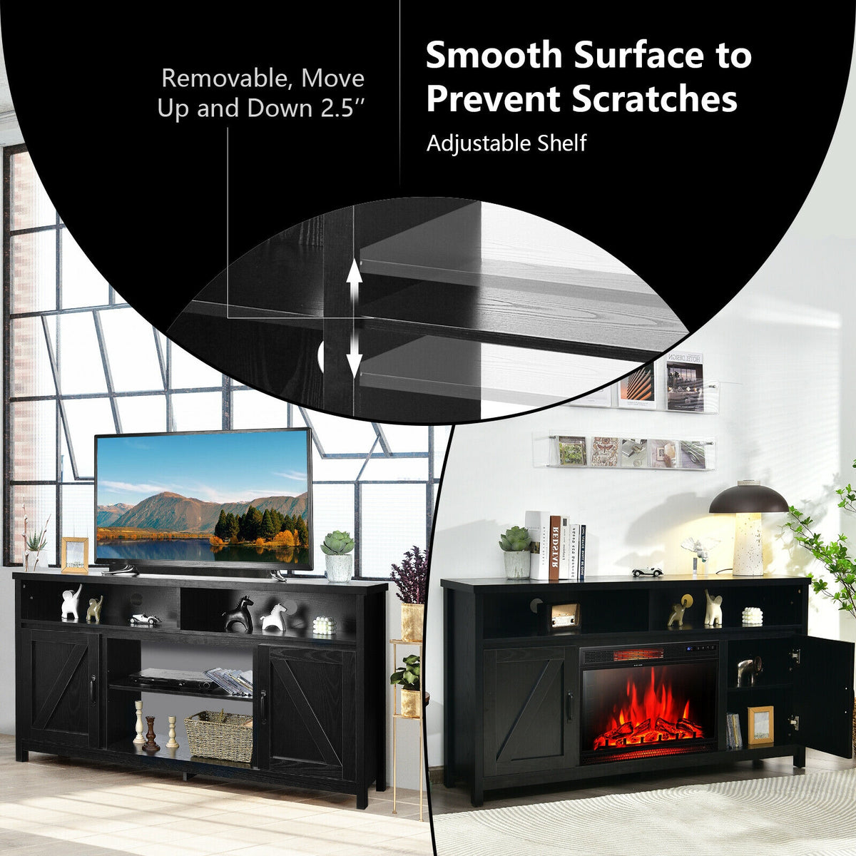 59 Inch TV Stand Media Center Console Cabinet with Barn Door for TV's 65 Inch-Black-Entertainment Centers & TV Stands-DECOROLALA