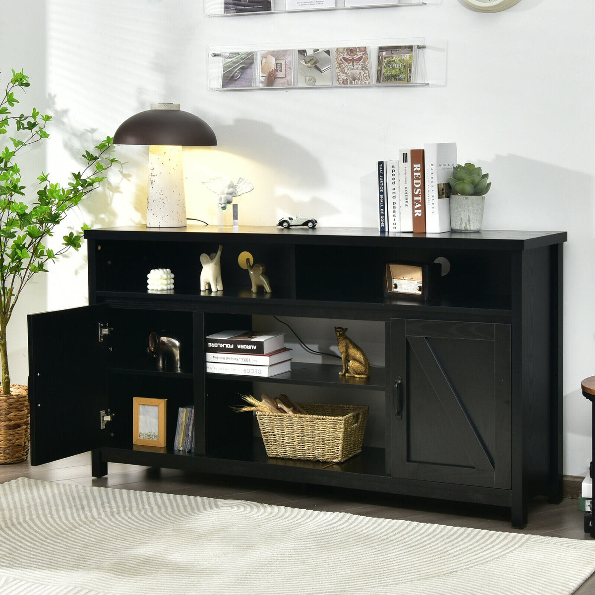 59 Inch TV Stand Media Center Console Cabinet with Barn Door for TV's 65 Inch-Black-Entertainment Centers & TV Stands-DECOROLALA