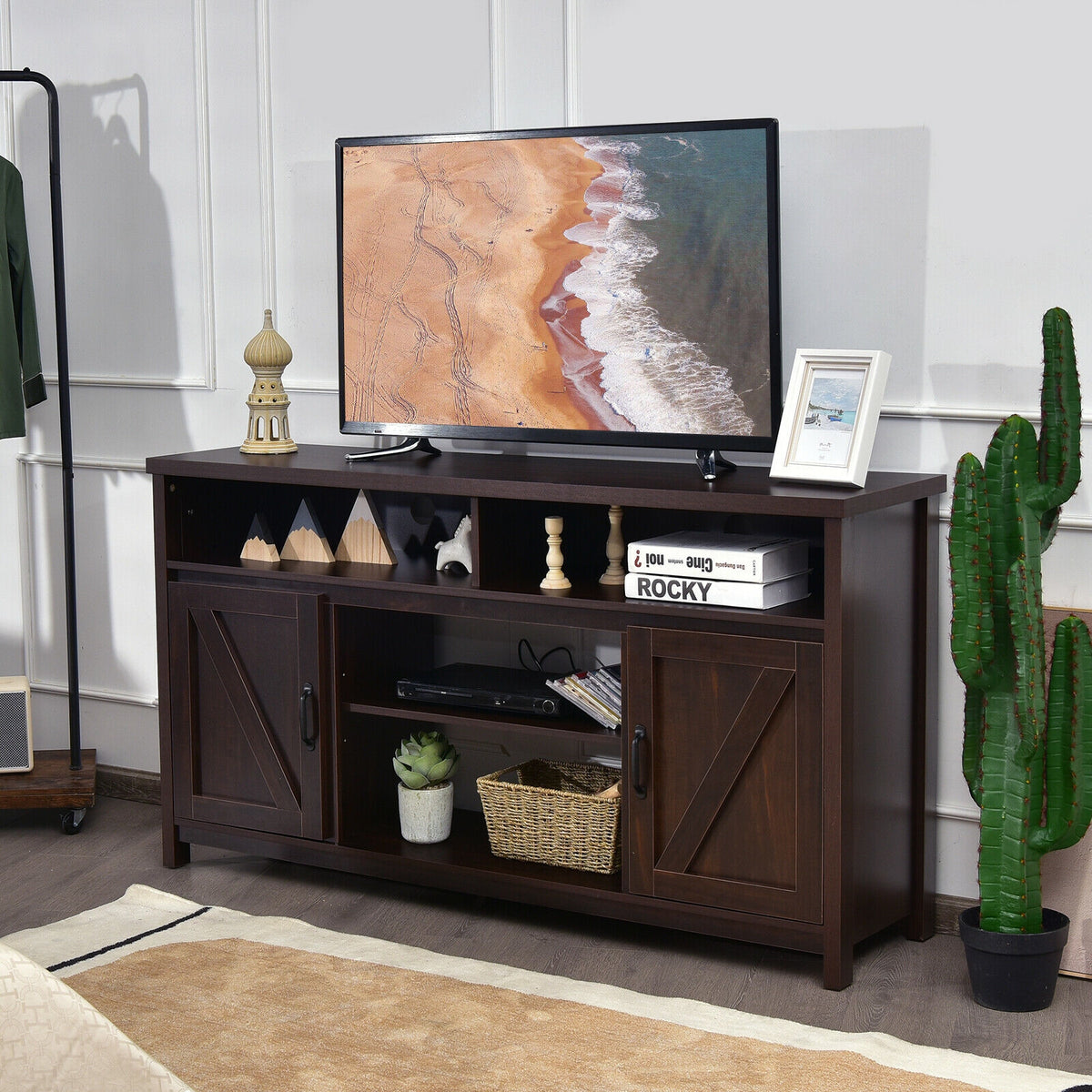 59 Inch TV Stand Media Center Console Cabinet with Barn Door for TV's 65 Inch-Brown-Entertainment Centers & TV Stands-DECOROLALA