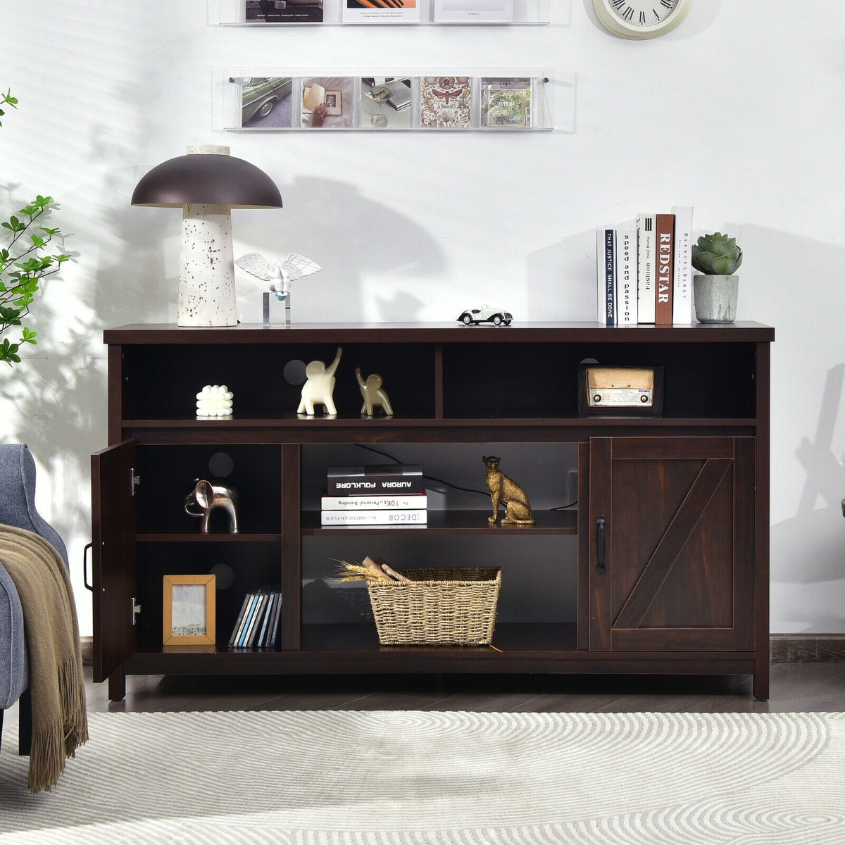 59 Inch TV Stand Media Center Console Cabinet with Barn Door for TV's 65 Inch-Brown-Entertainment Centers & TV Stands-DECOROLALA