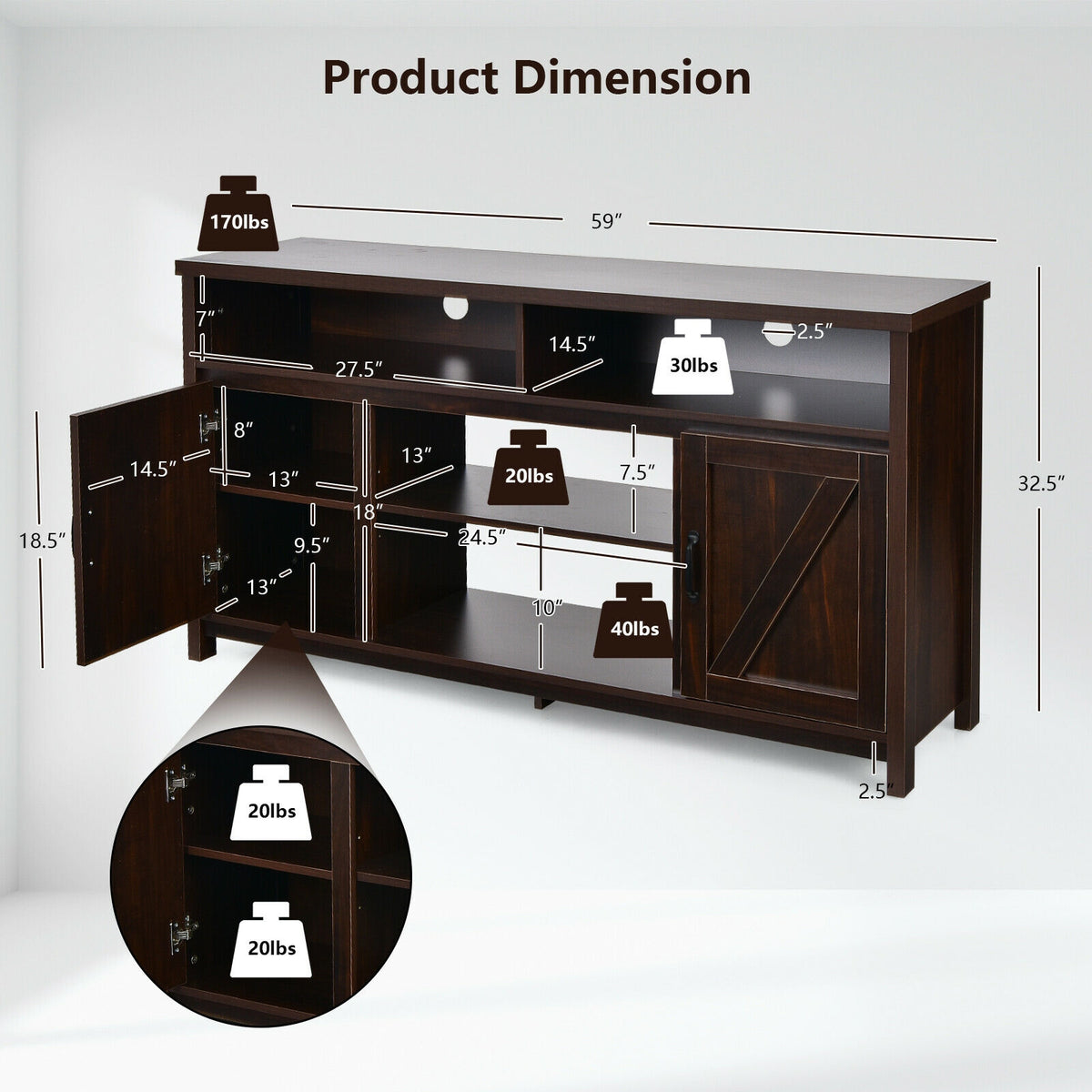 59 Inch TV Stand Media Center Console Cabinet with Barn Door for TV's 65 Inch-Brown-Entertainment Centers & TV Stands-DECOROLALA