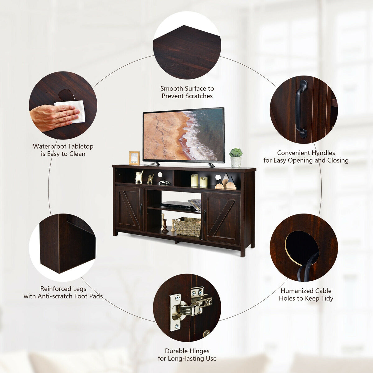 59 Inch TV Stand Media Center Console Cabinet with Barn Door for TV's 65 Inch-Brown-Entertainment Centers & TV Stands-DECOROLALA