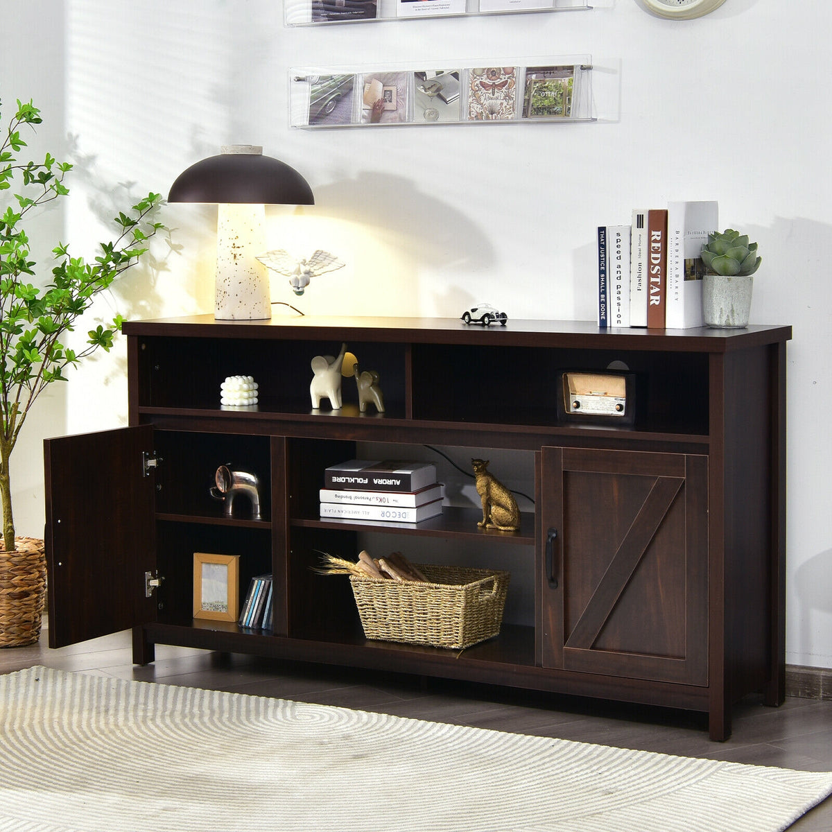 59 Inch TV Stand Media Center Console Cabinet with Barn Door for TV's 65 Inch-Brown-Entertainment Centers & TV Stands-DECOROLALA