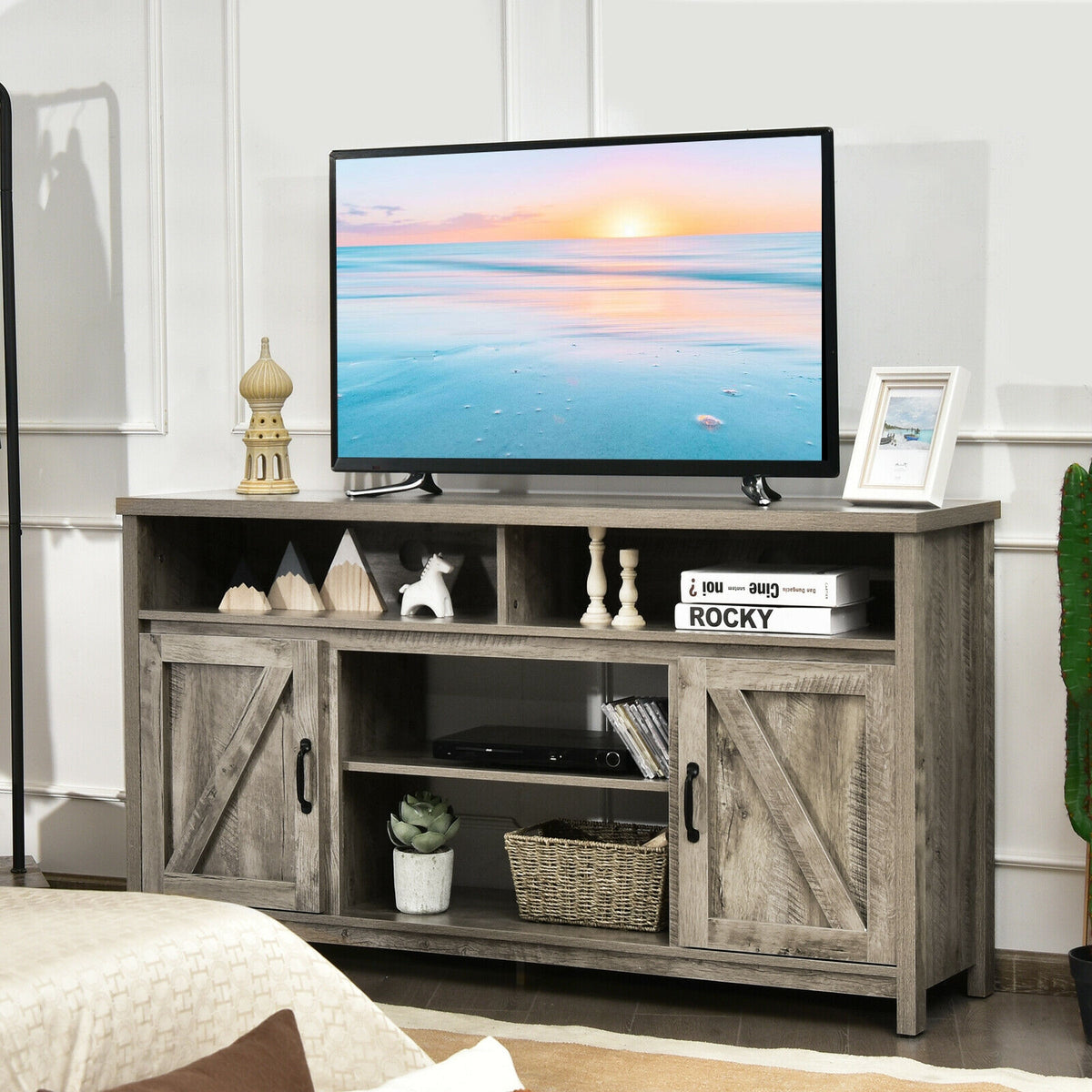 59 Inch TV Stand Media Center Console Cabinet with Barn Door for TV's 65 Inch-Natural-Entertainment Centers & TV Stands-DECOROLALA