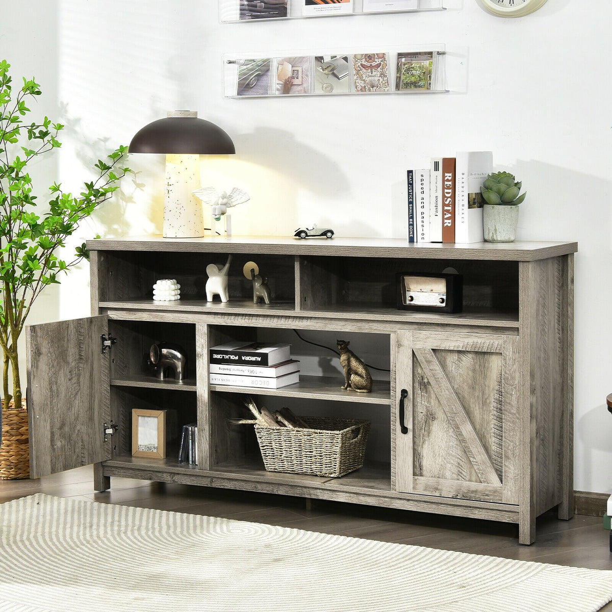 59 Inch TV Stand Media Center Console Cabinet with Barn Door for TV's 65 Inch-Natural-Entertainment Centers & TV Stands-DECOROLALA