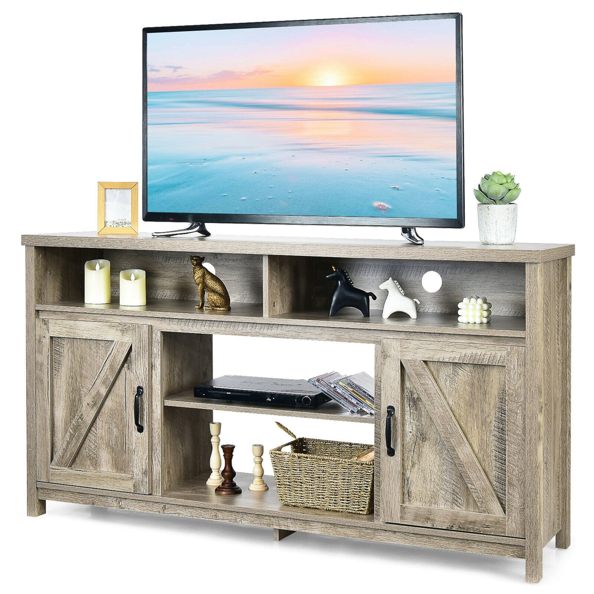 59 Inch TV Stand Media Center Console Cabinet with Barn Door for TV's 65 Inch-Natural-Entertainment Centers & TV Stands-DECOROLALA