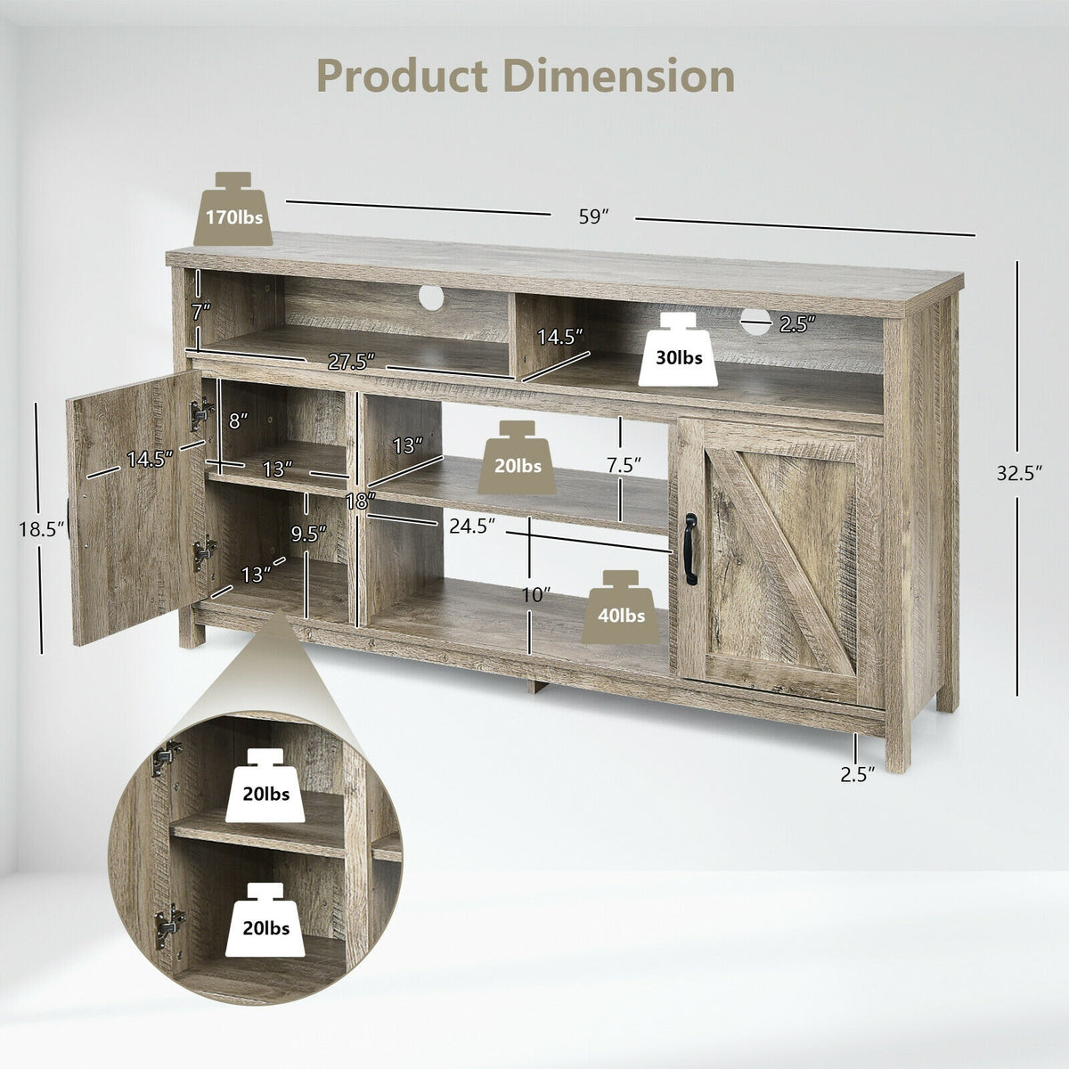 59 Inch TV Stand Media Center Console Cabinet with Barn Door for TV's 65 Inch-Natural-Entertainment Centers & TV Stands-DECOROLALA
