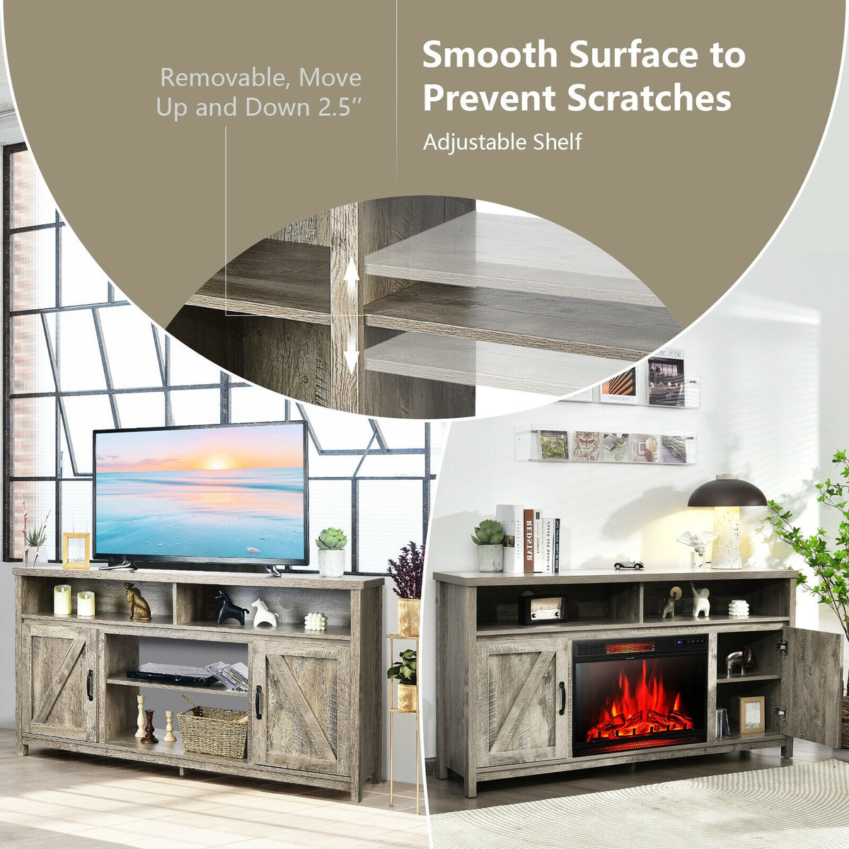 59 Inch TV Stand Media Center Console Cabinet with Barn Door for TV's 65 Inch-Natural-Entertainment Centers & TV Stands-DECOROLALA
