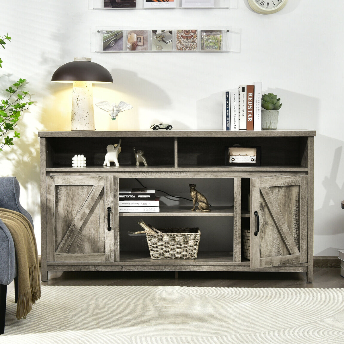 59 Inch TV Stand Media Center Console Cabinet with Barn Door for TV's 65 Inch-Natural-Entertainment Centers & TV Stands-DECOROLALA