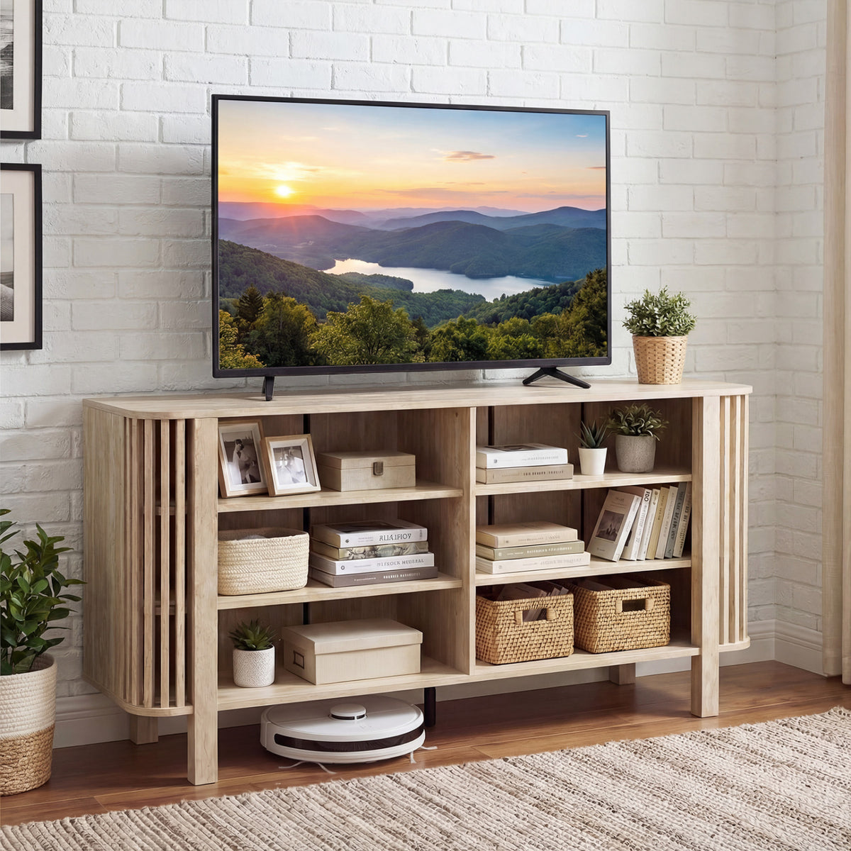 59 Inch TV Stand for TVs Up to 55 Inches with Adjustable Shelves-Natural-Entertainment Centers & TV Stands-DECOROLALA