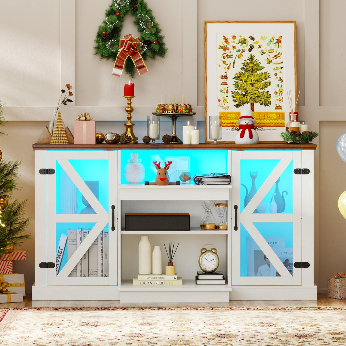 59 Inches Media Console Table with 3-Level Shelves and 22 Dynamic Modes-White-Entertainment Centers & TV Stands-DECOROLALA