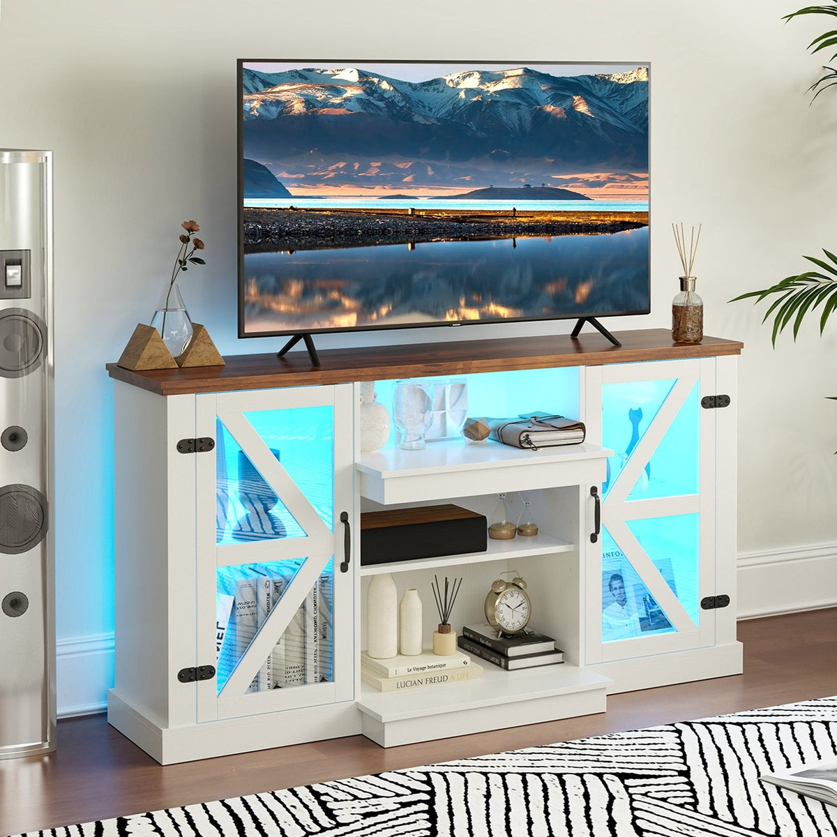 59 Inches Media Console Table with 3-Level Shelves and 22 Dynamic Modes-White-Entertainment Centers & TV Stands-DECOROLALA