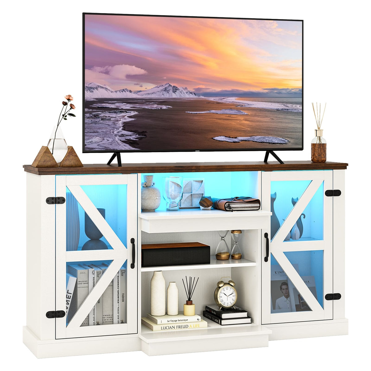 59 Inches Media Console Table with 3-Level Shelves and 22 Dynamic Modes-White-Entertainment Centers & TV Stands-DECOROLALA