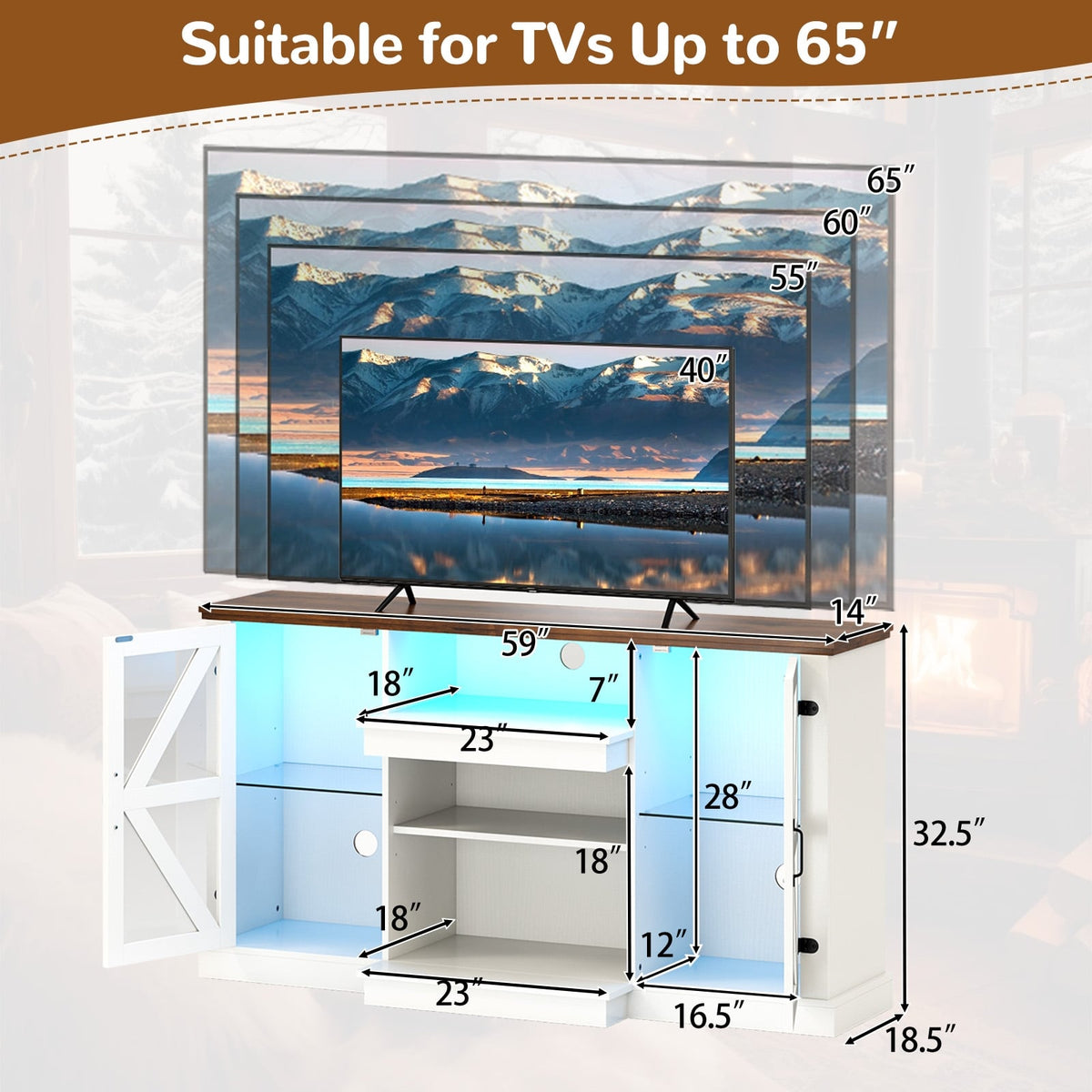 59 Inches Media Console Table with 3-Level Shelves and 22 Dynamic Modes-White-Entertainment Centers & TV Stands-DECOROLALA