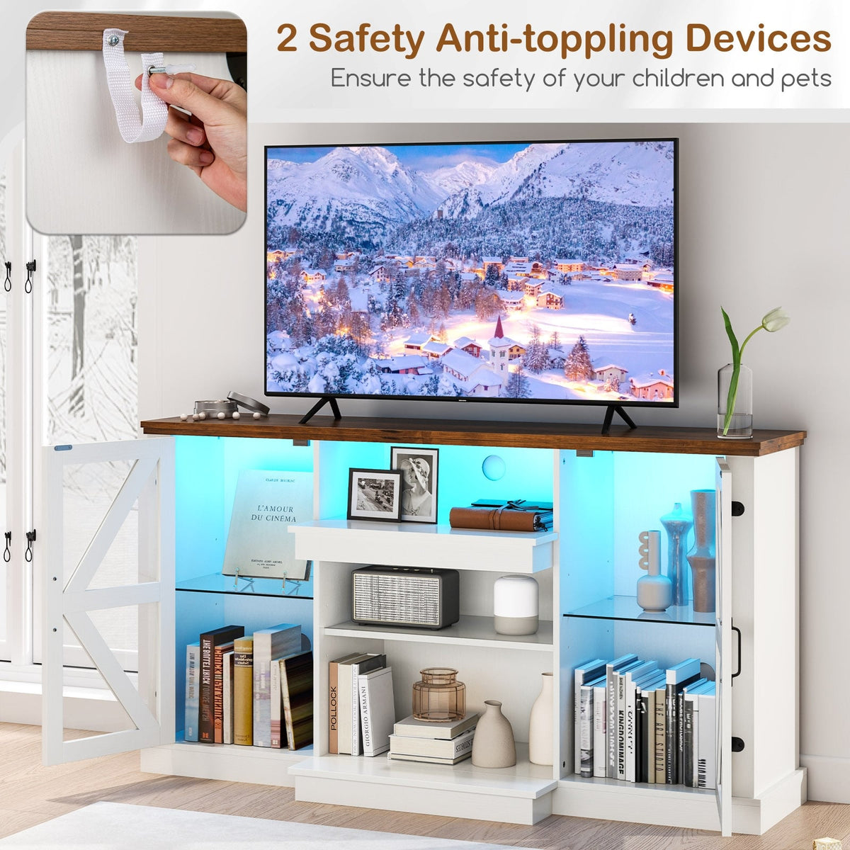59 Inches Media Console Table with 3-Level Shelves and 22 Dynamic Modes-White-Entertainment Centers & TV Stands-DECOROLALA