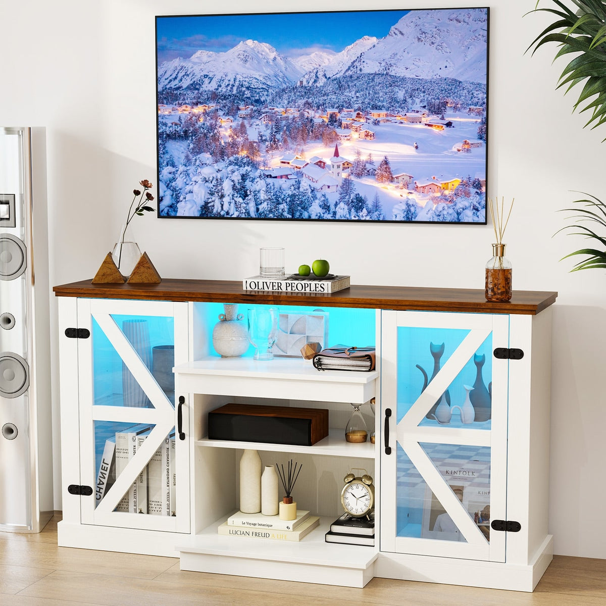 59 Inches Media Console Table with 3-Level Shelves and 22 Dynamic Modes-White-Entertainment Centers & TV Stands-DECOROLALA