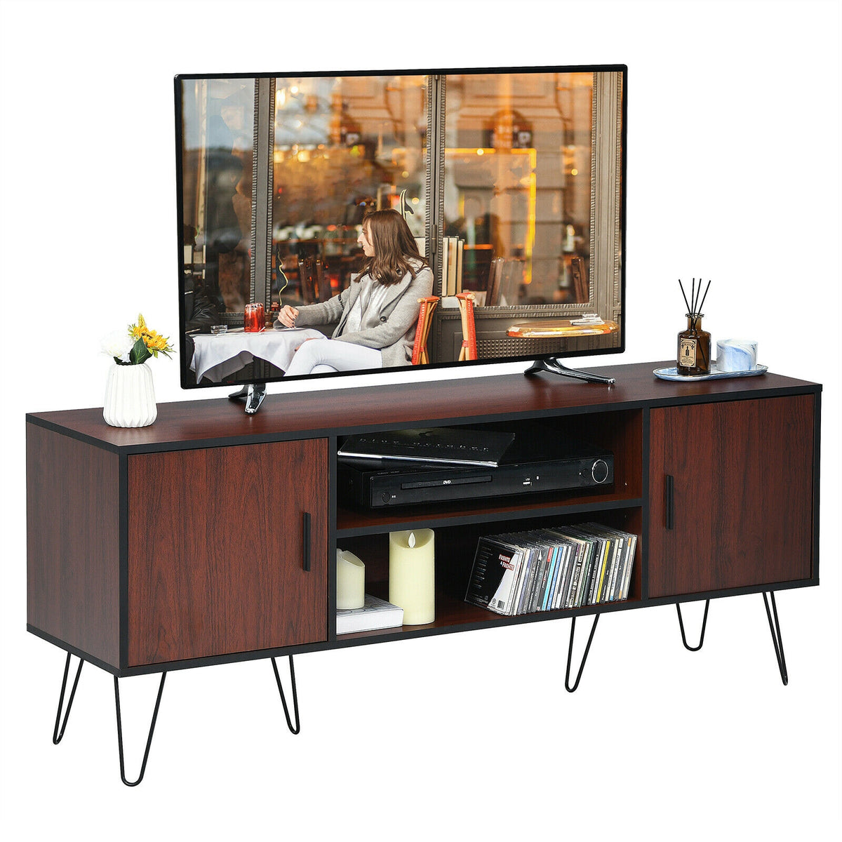 59 Inches Retro Wooden TV Stand for TVs up to 65 Inches-Brown-Entertainment Centers & TV Stands-DECOROLALA