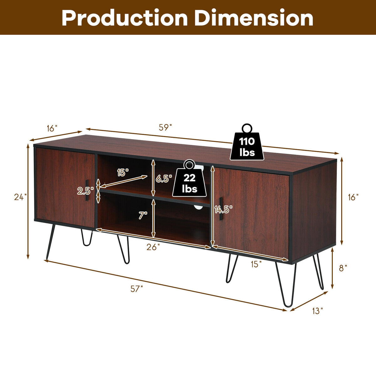 59 Inches Retro Wooden TV Stand for TVs up to 65 Inches-Brown-Entertainment Centers & TV Stands-DECOROLALA