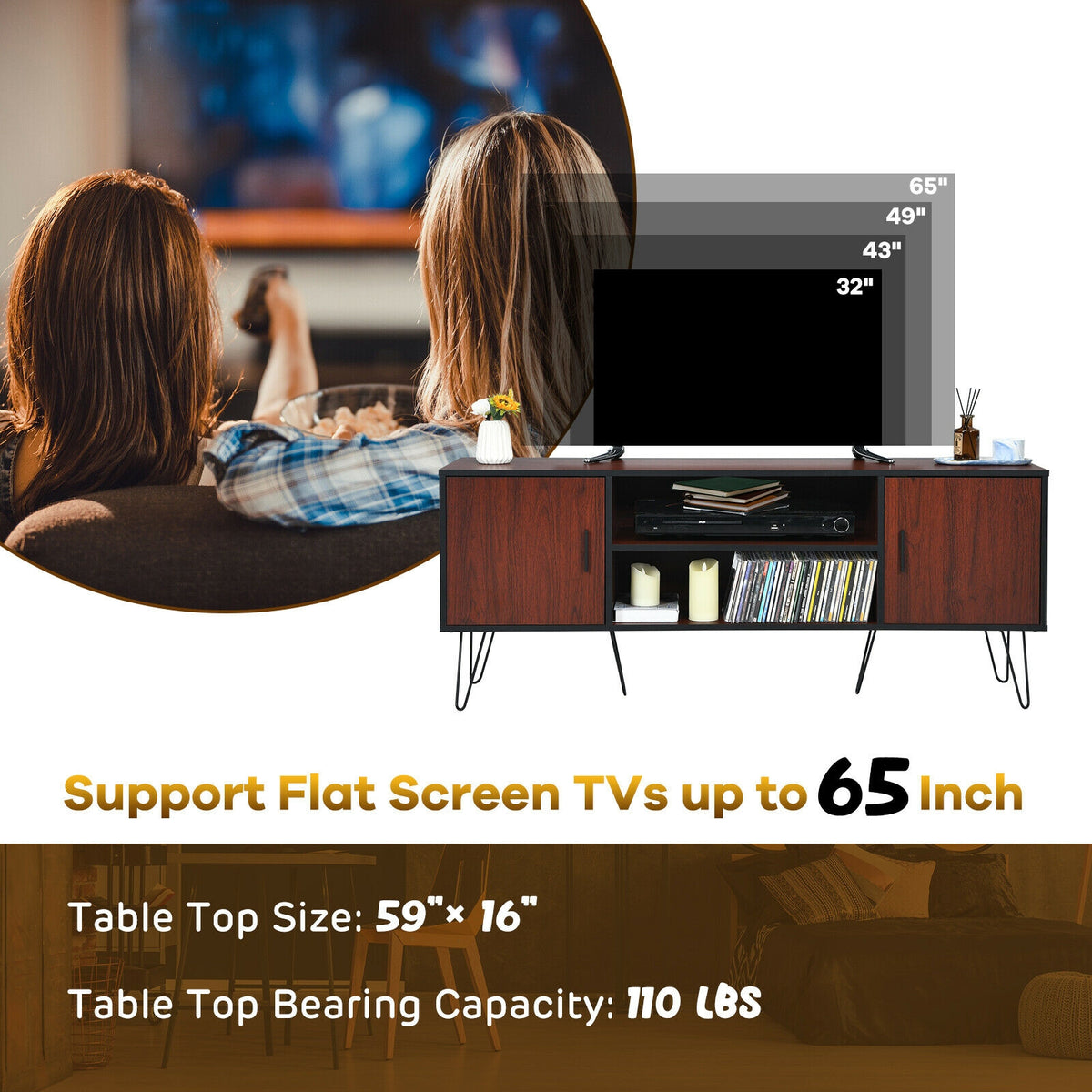 59 Inches Retro Wooden TV Stand for TVs up to 65 Inches-Brown-Entertainment Centers & TV Stands-DECOROLALA
