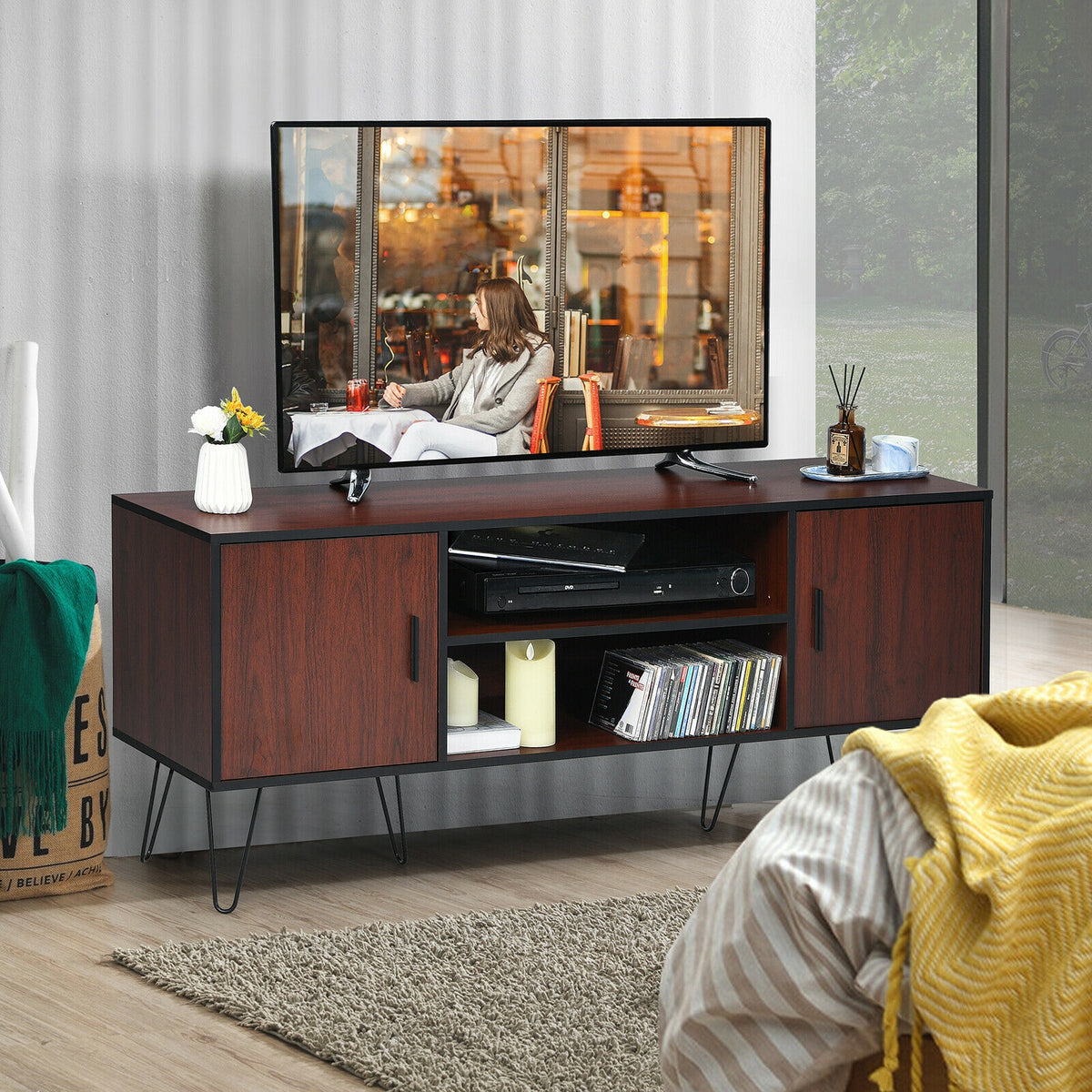 59 Inches Retro Wooden TV Stand for TVs up to 65 Inches-Brown-Entertainment Centers & TV Stands-DECOROLALA