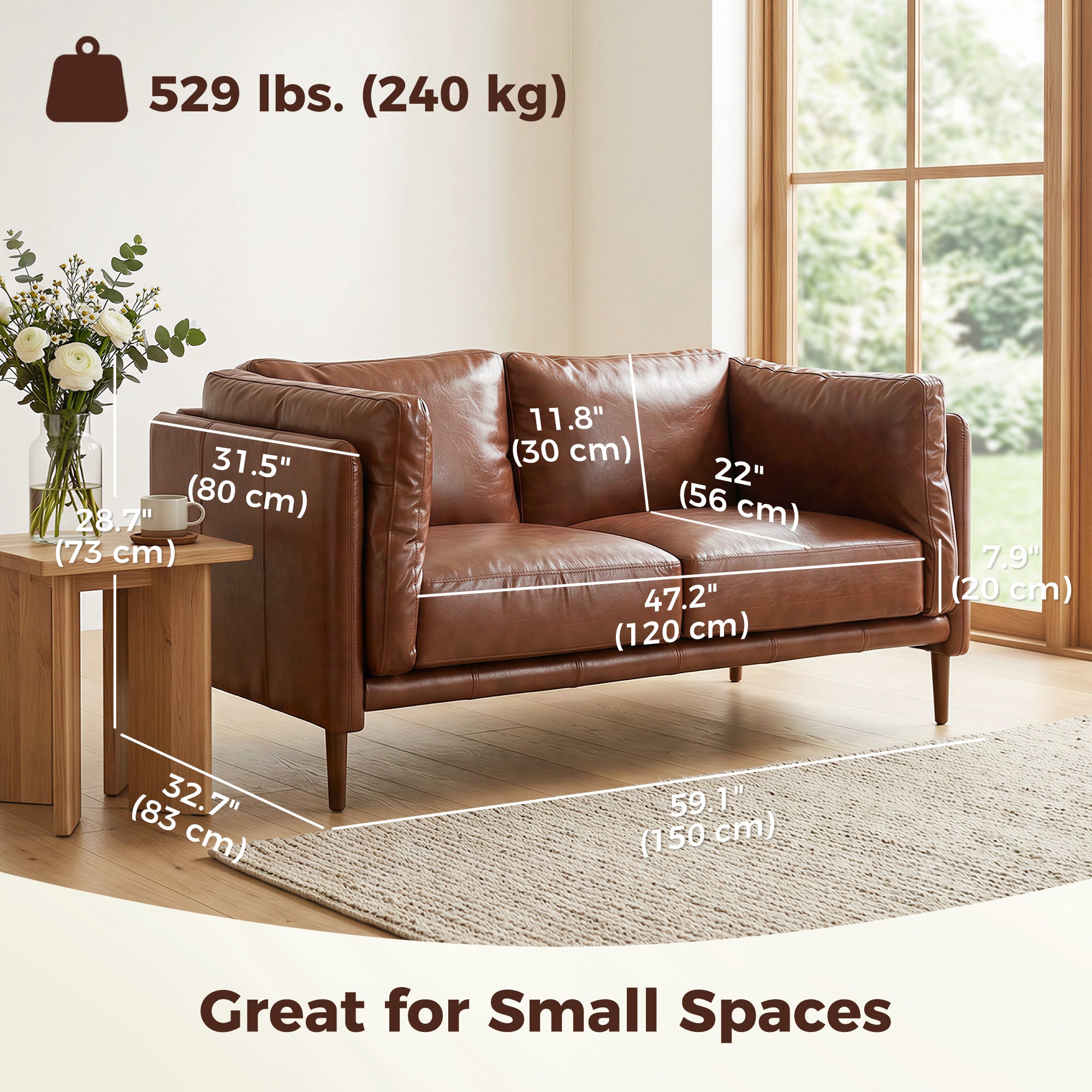 59" Loveseat Sofa - Brown PU Leather 2-Seater Couch-Home Furnishings > Living Room Furniture > Sofas & Reclining Chairs > 2-Seater Sofas-DECOROLALA
