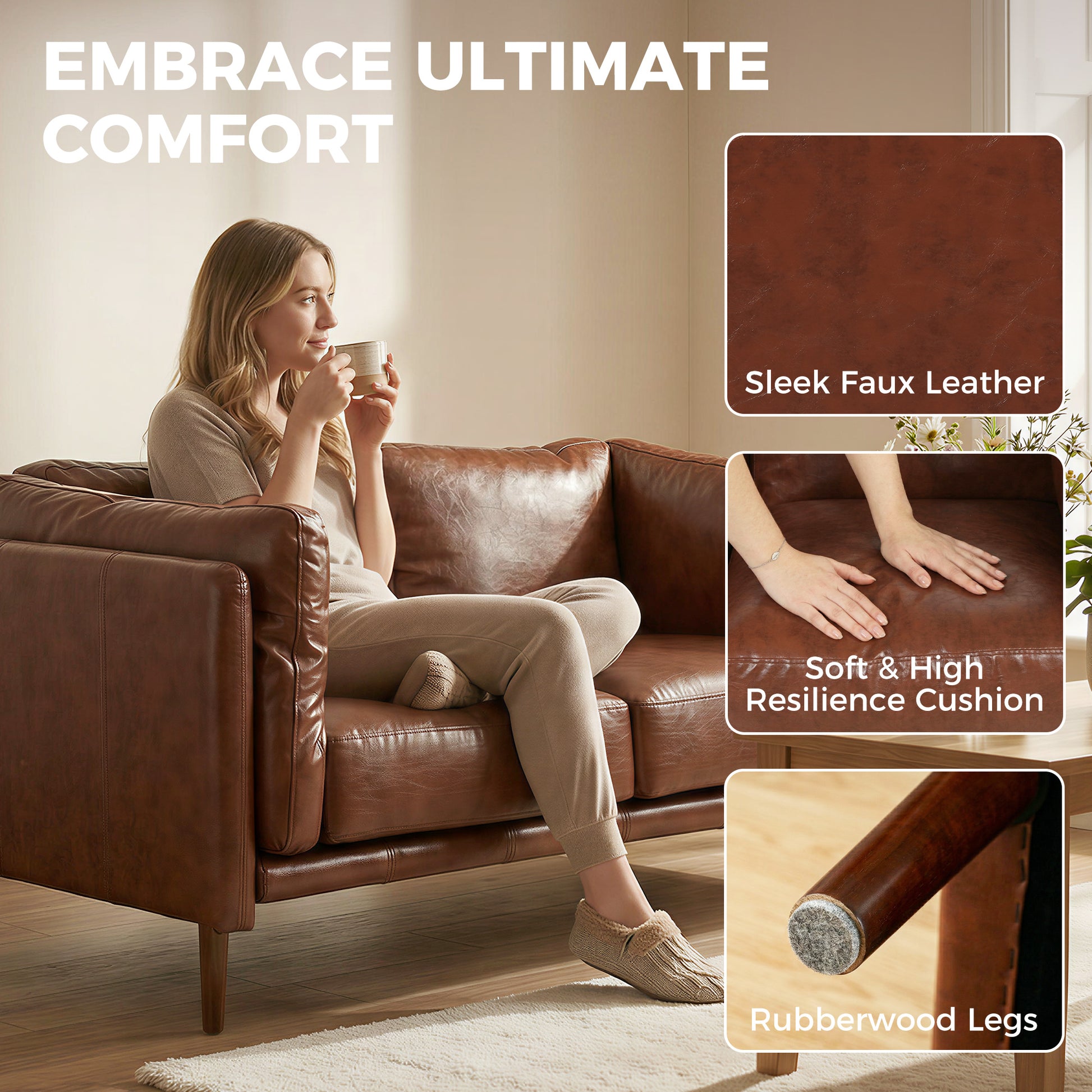 59" Loveseat Sofa - Brown PU Leather 2-Seater Couch-Home Furnishings > Living Room Furniture > Sofas & Reclining Chairs > 2-Seater Sofas-DECOROLALA