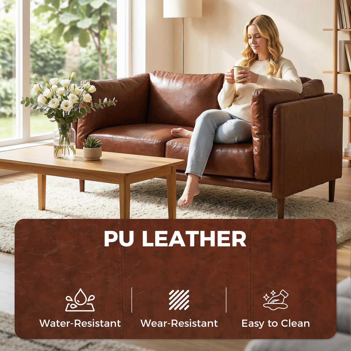59" Loveseat Sofa - Brown PU Leather 2-Seater Couch-Home Furnishings > Living Room Furniture > Sofas & Reclining Chairs > 2-Seater Sofas-DECOROLALA