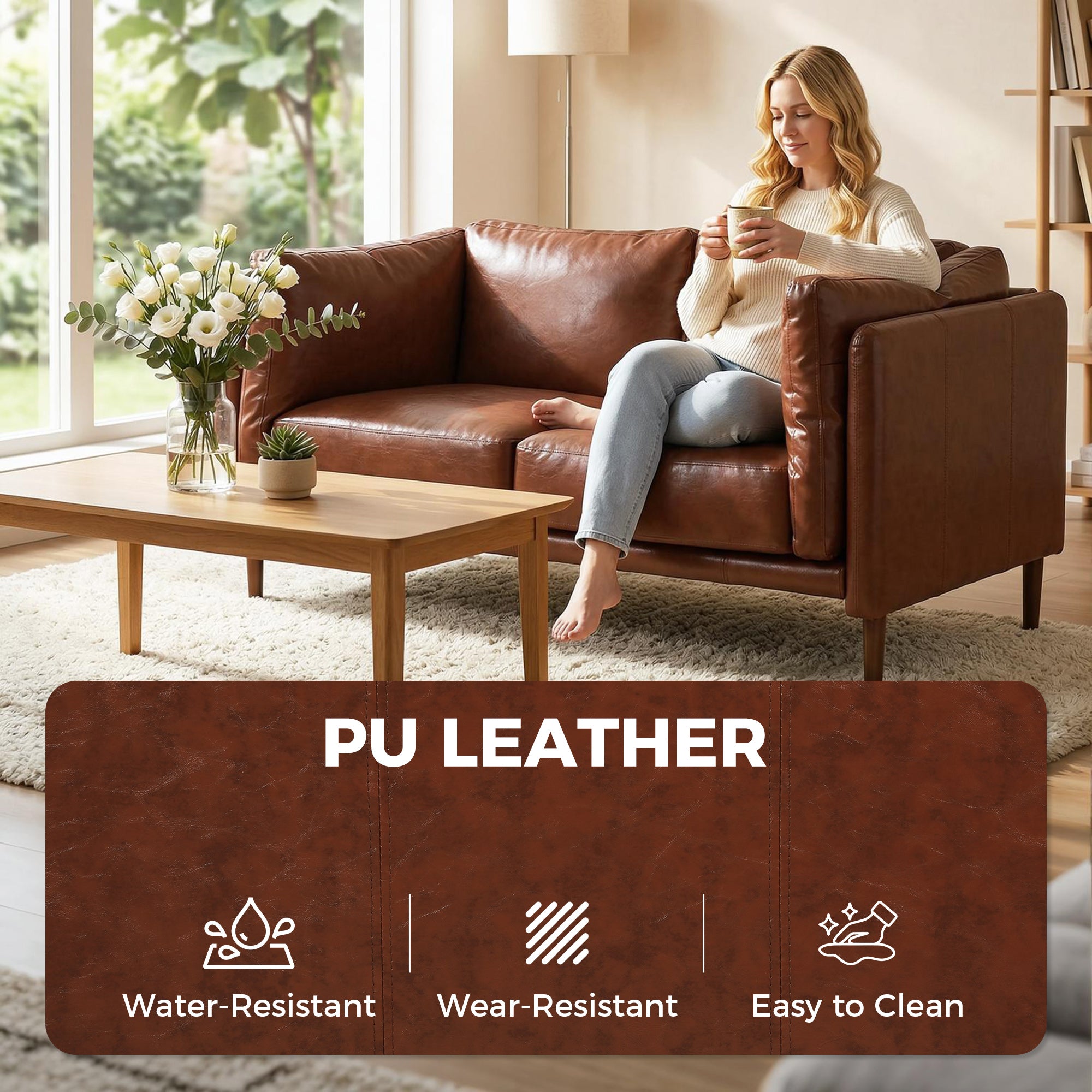 59" Loveseat Sofa - Brown PU Leather 2-Seater Couch-Home Furnishings > Living Room Furniture > Sofas & Reclining Chairs > 2-Seater Sofas-DECOROLALA