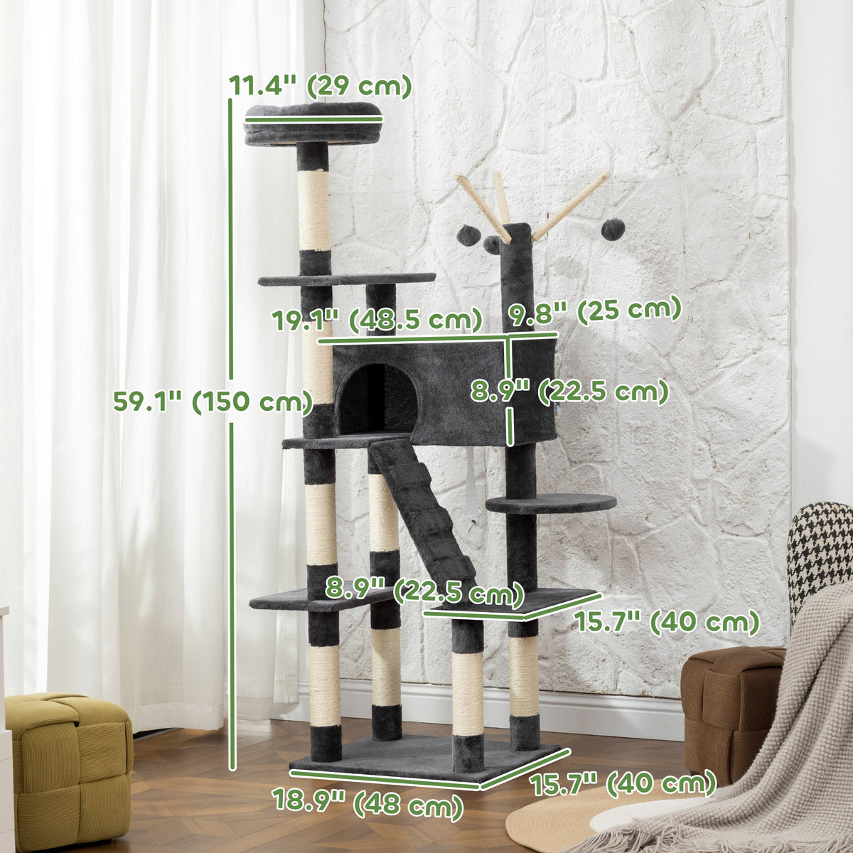 59" Multi-Level Cat Tree with Sisal Scratching Posts - Dark Grey-Cats-DECOROLALA