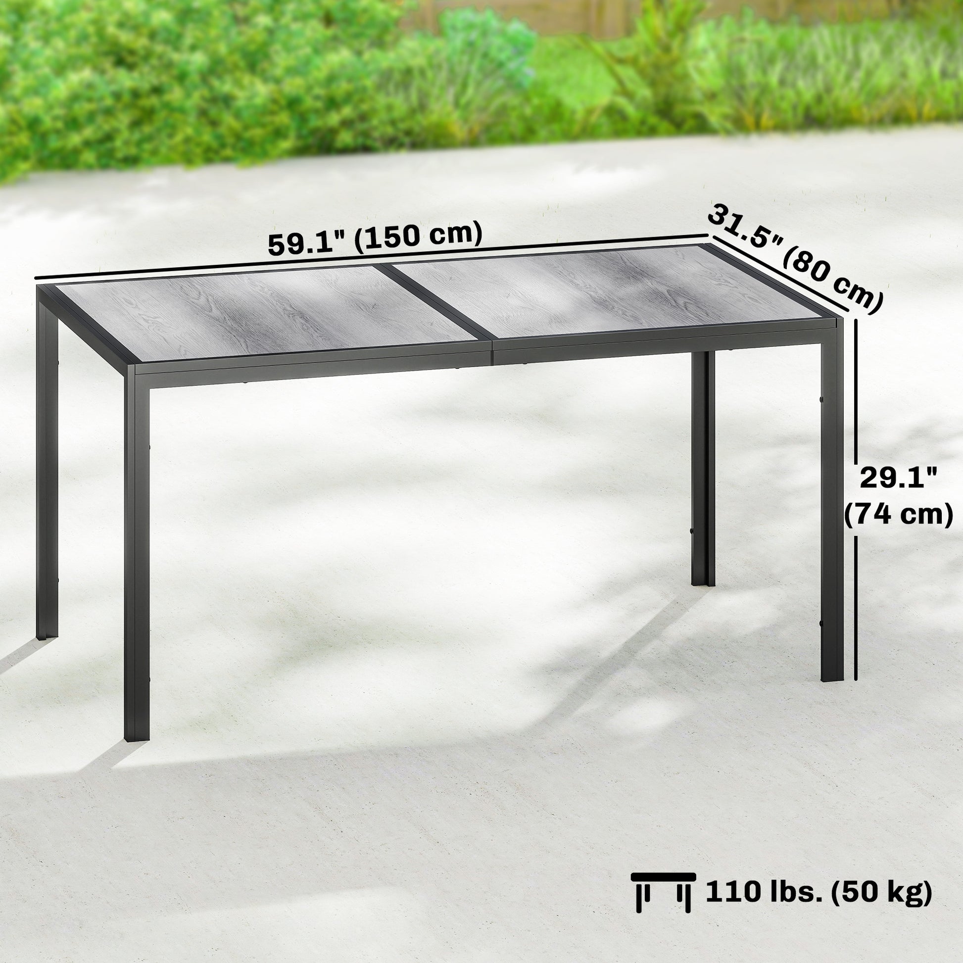 59" Outdoor Dining Table - Grey Metal Legs, Wood-Effect Top, 4-6 Seater-DECOROLALA