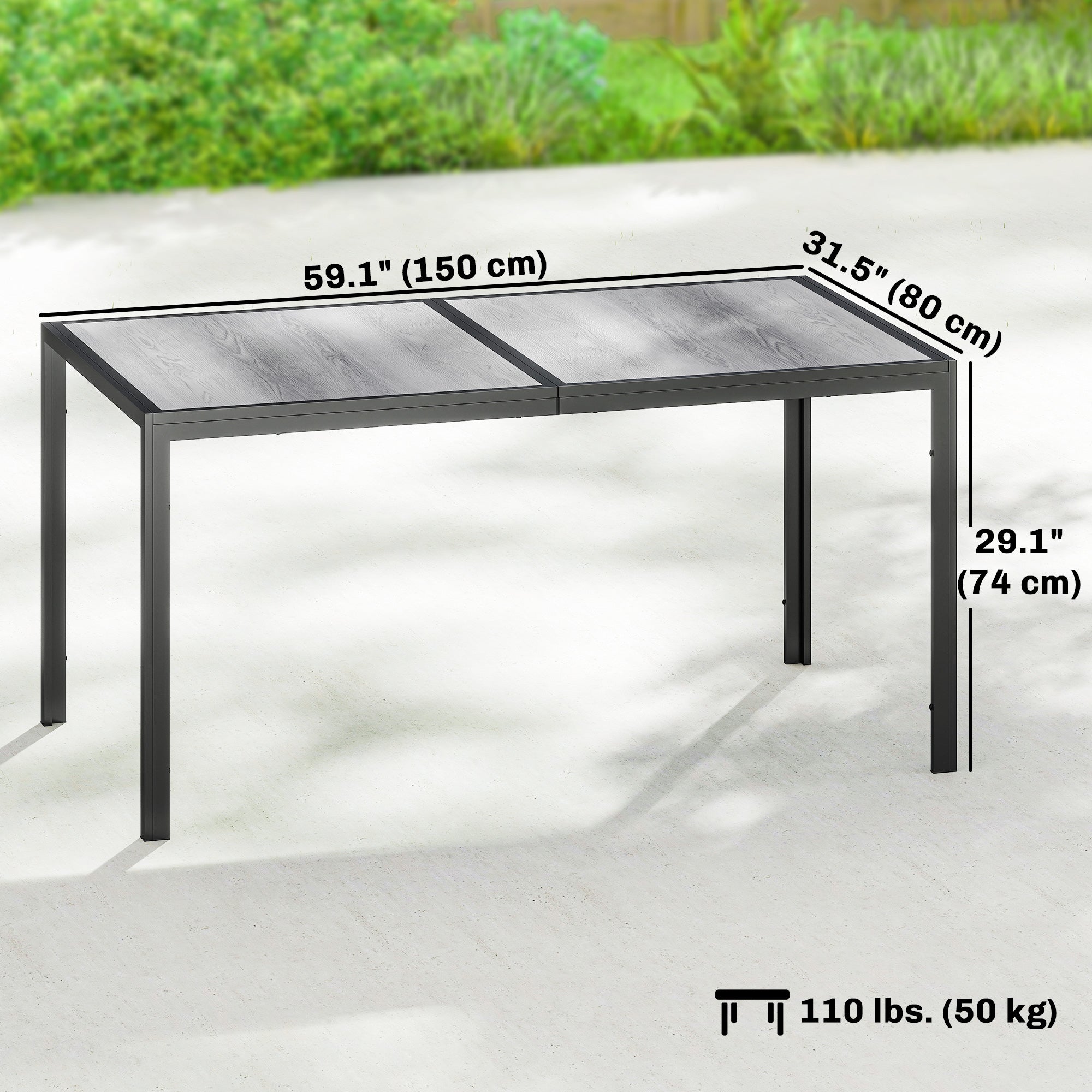 59" Outdoor Dining Table - Grey Metal Legs, Wood-Effect Top, 4-6 Seater-DECOROLALA