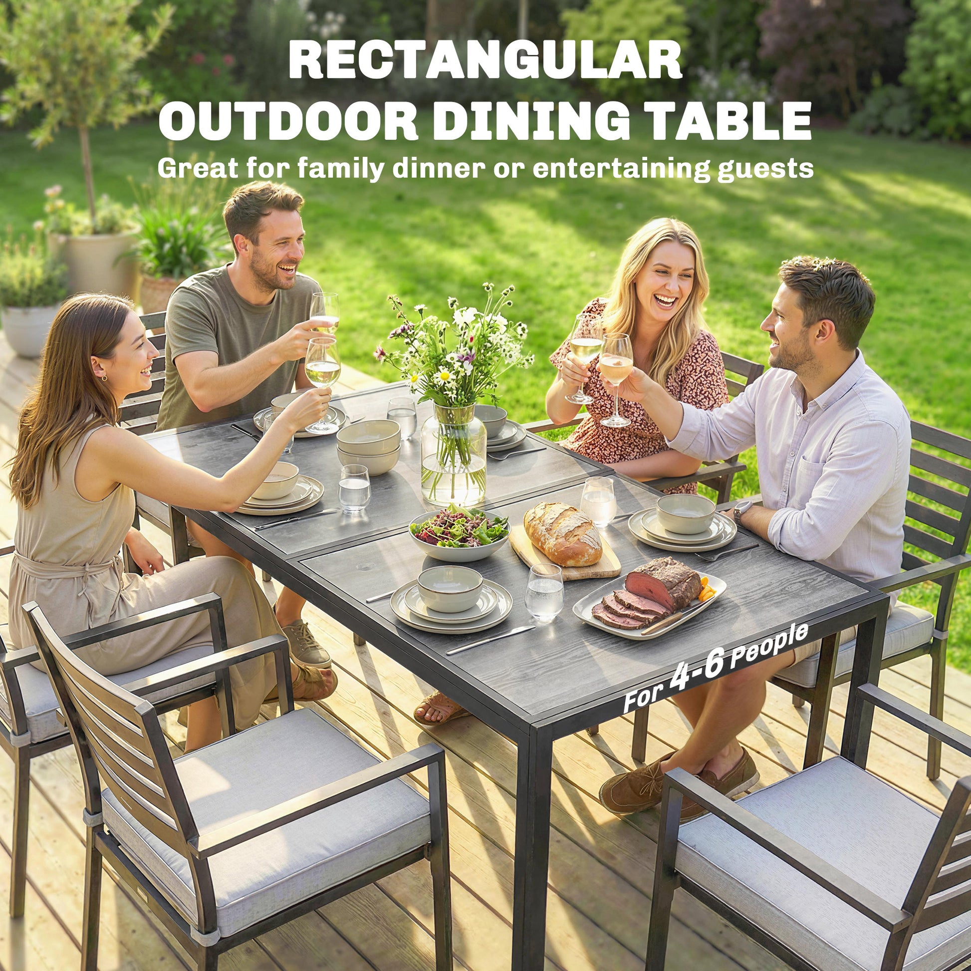 59" Outdoor Dining Table - Grey Metal Legs, Wood-Effect Top, 4-6 Seater-DECOROLALA
