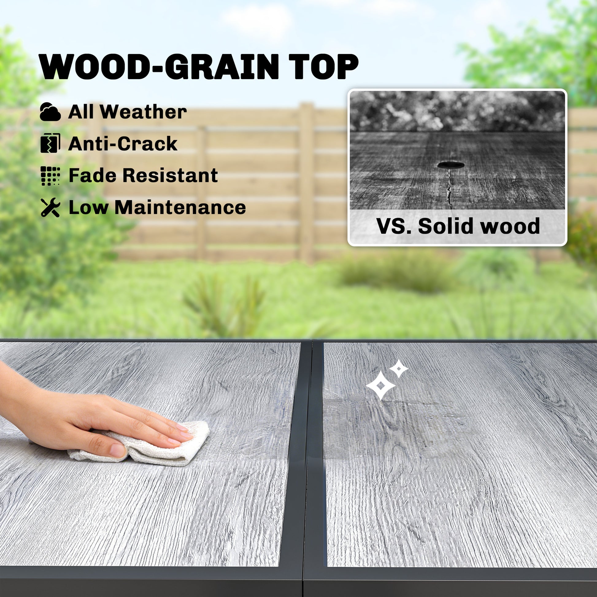 59" Outdoor Dining Table - Grey Metal Legs, Wood-Effect Top, 4-6 Seater-DECOROLALA