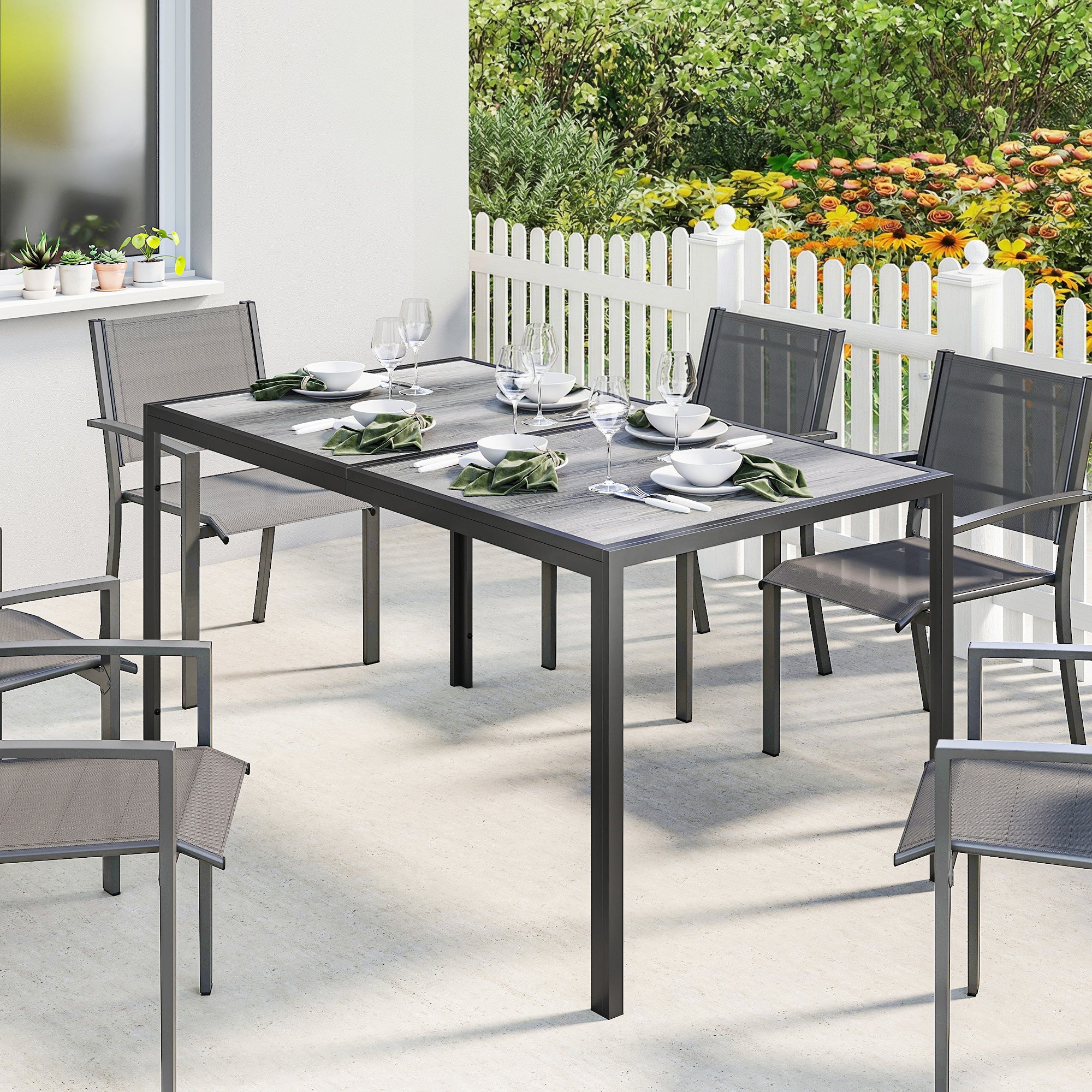 59" Outdoor Dining Table - Grey Metal Legs, Wood-Effect Top, 4-6 Seater-DECOROLALA