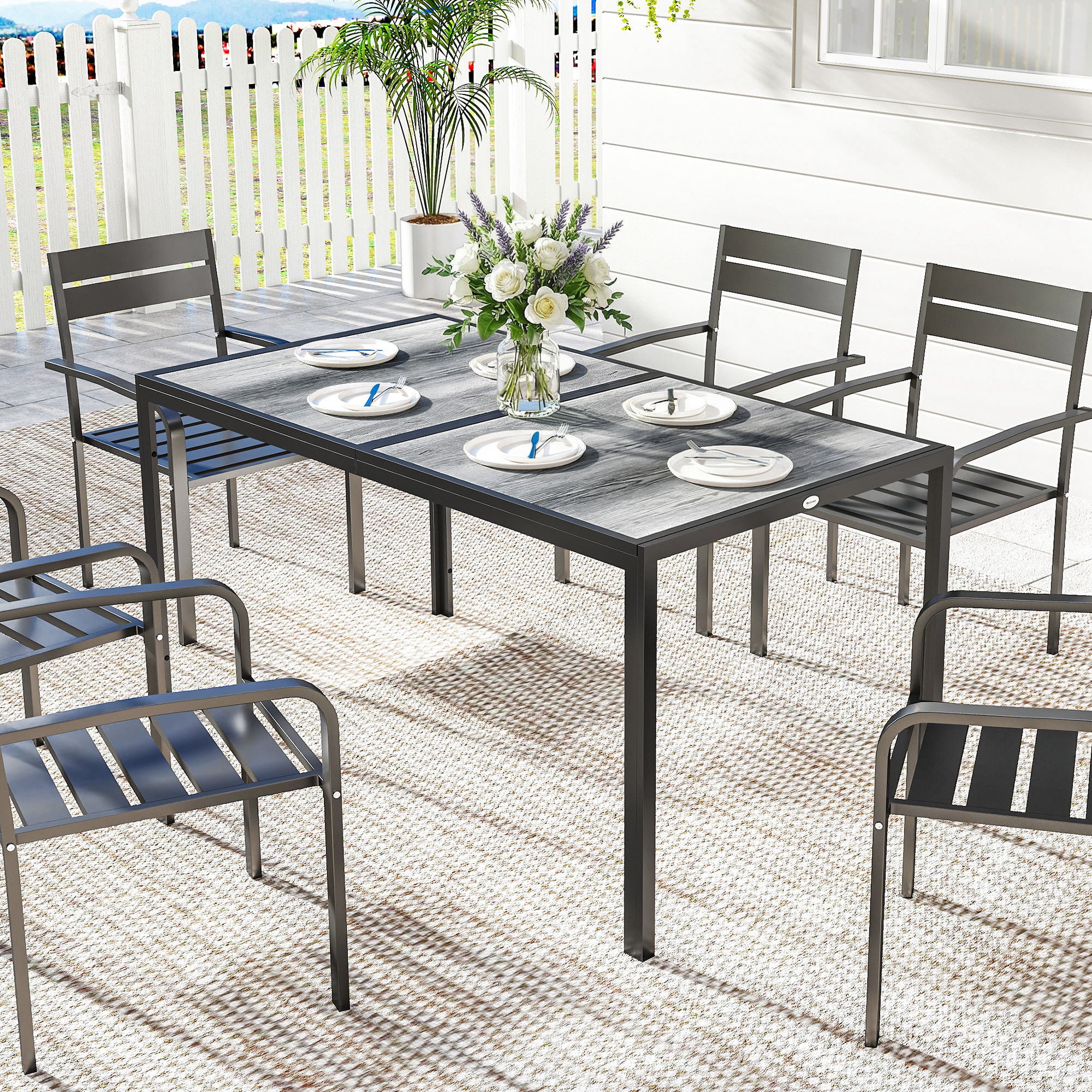 59" Outdoor Dining Table - Grey Metal Legs, Wood-Effect Top, 4-6 Seater-DECOROLALA