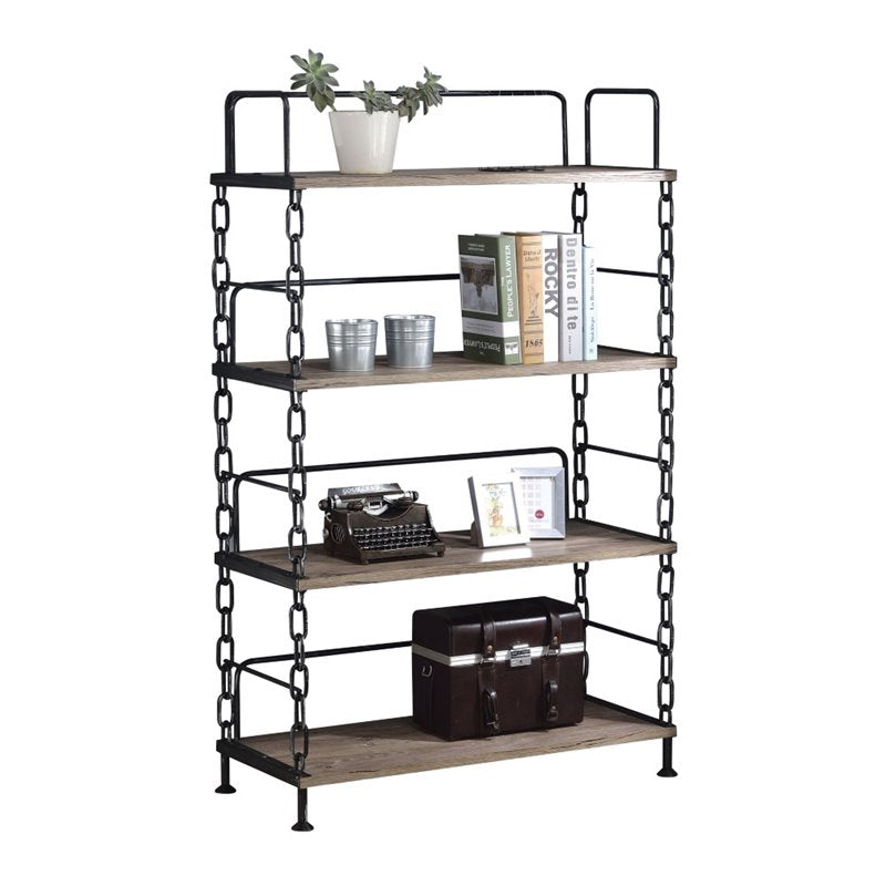 59" Rustic Oak Distressed Metal and Wood Four Tier Etagere Bookcase-Bookcases-DECOROLALA