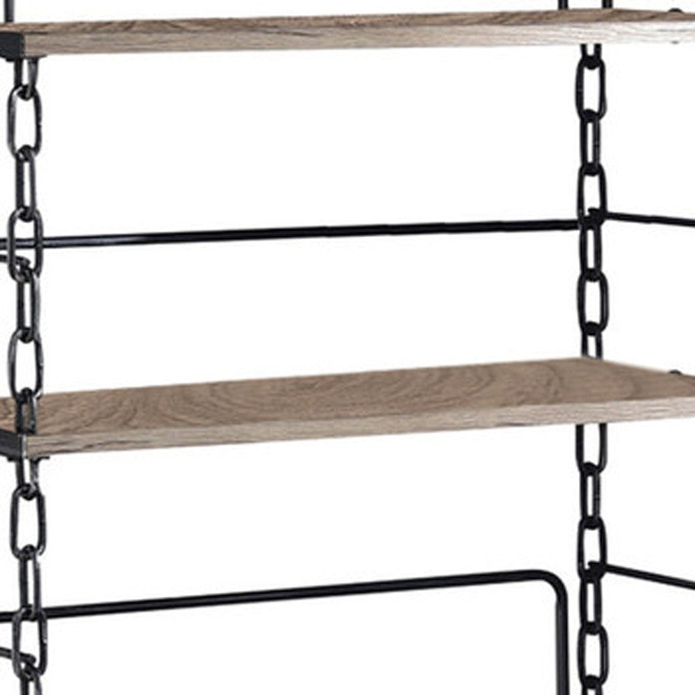 59" Rustic Oak Distressed Metal and Wood Four Tier Etagere Bookcase-Bookcases-DECOROLALA