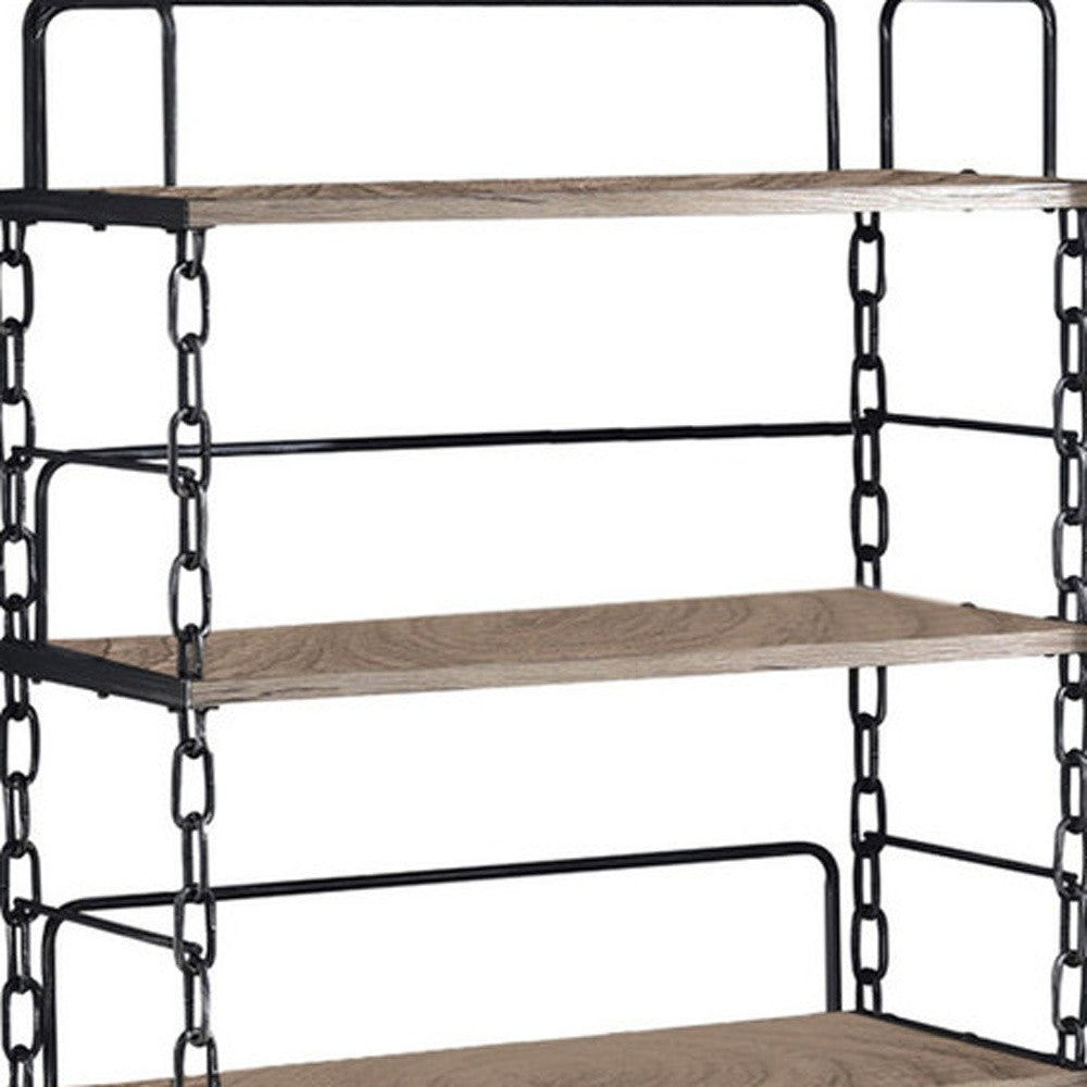 59" Rustic Oak Distressed Metal and Wood Four Tier Etagere Bookcase-Bookcases-DECOROLALA