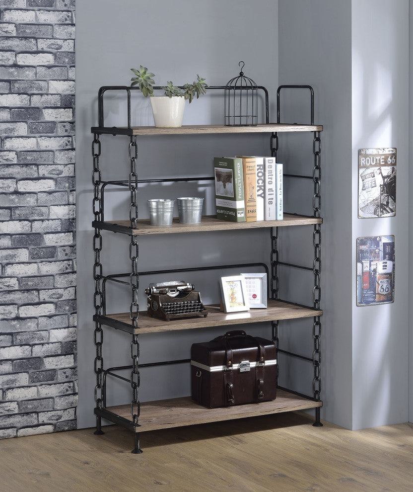 59" Rustic Oak Distressed Metal and Wood Four Tier Etagere Bookcase-Bookcases-DECOROLALA