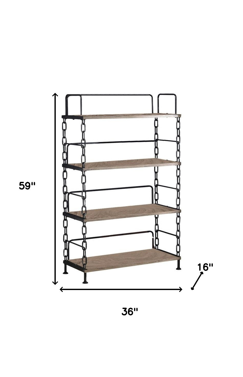 59" Rustic Oak Distressed Metal and Wood Four Tier Etagere Bookcase-Bookcases-DECOROLALA