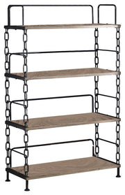 59" Rustic Oak Distressed Metal and Wood Four Tier Etagere Bookcase-Bookcases-DECOROLALA
