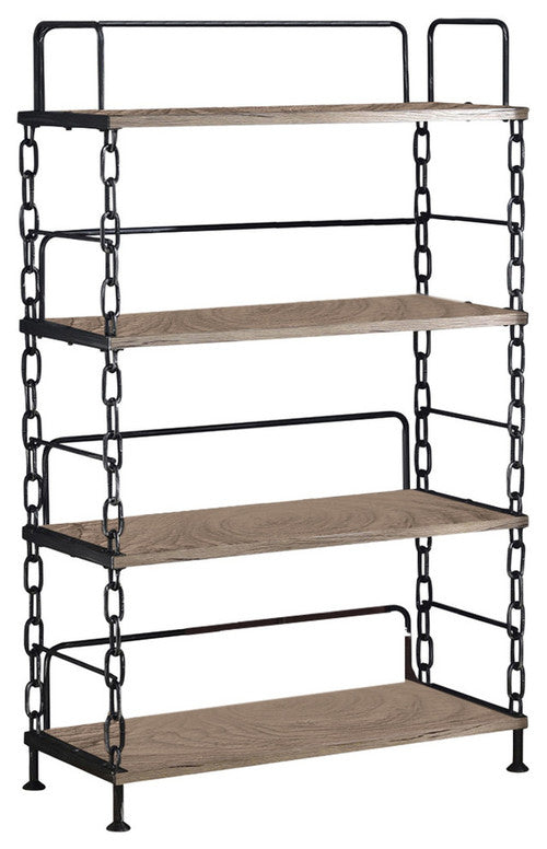 59" Rustic Oak Distressed Metal and Wood Four Tier Etagere Bookcase-Bookcases-DECOROLALA
