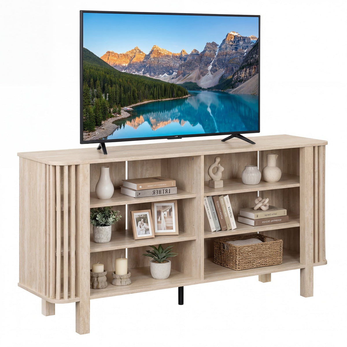 59" TV Stand for TVs Up to 55 Inches with Adjustable Shelves - Natural-Entertainment Centers & TV Stands-DECOROLALA