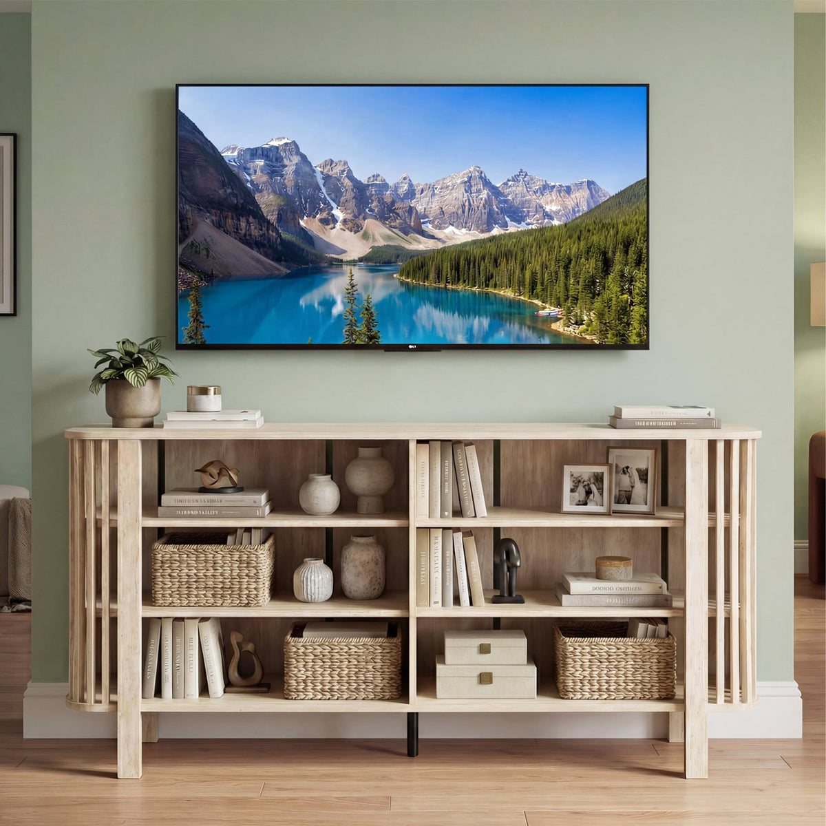 59" TV Stand for TVs Up to 55 Inches with Adjustable Shelves - Natural-Entertainment Centers & TV Stands-DECOROLALA